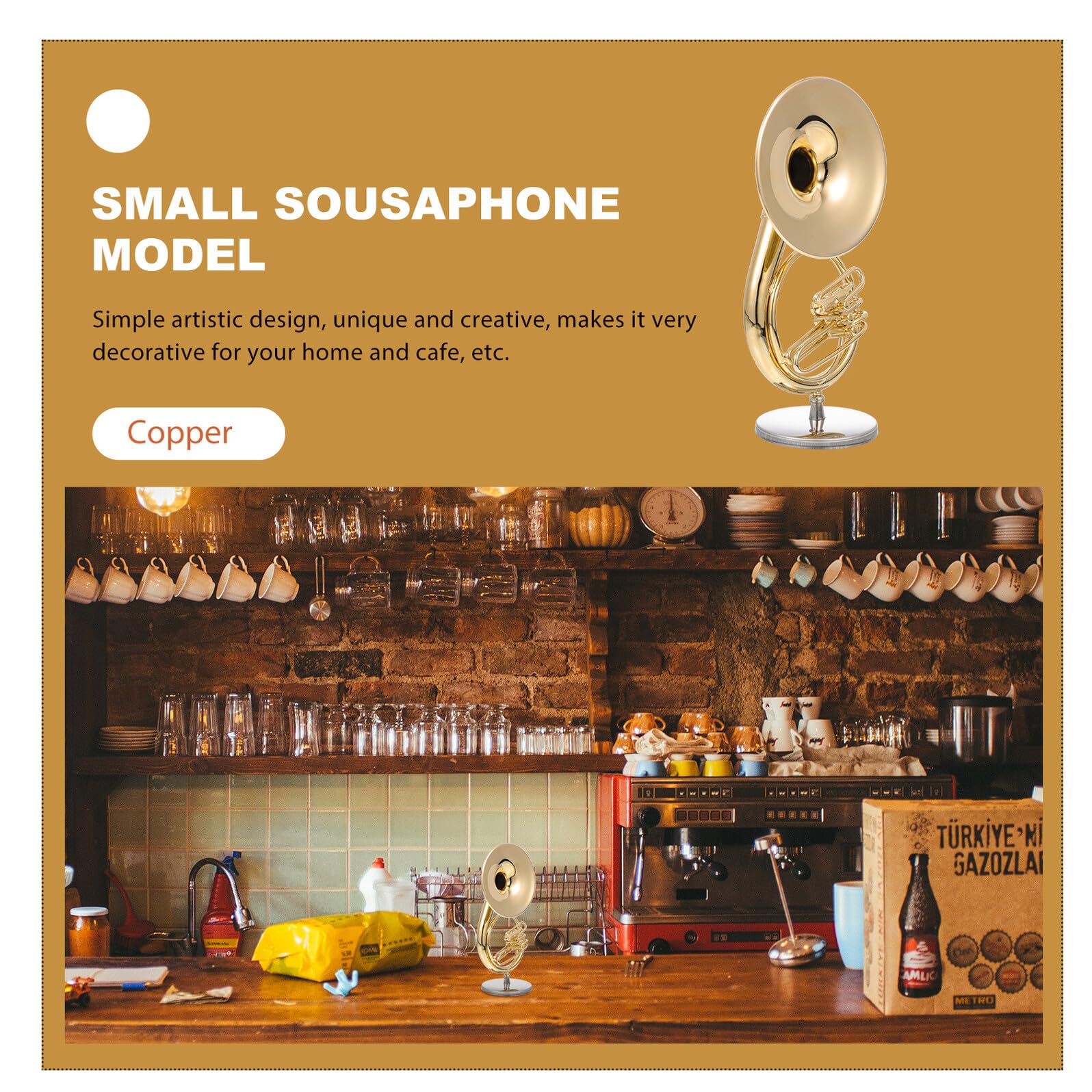 Goldene Miniatur Kupfer Sousaphon Modell mit Ständer und Aufbewahrungsbox Dekoratives und Langlebiges Instrumentenmodell für Zuhause oder Café 13cm