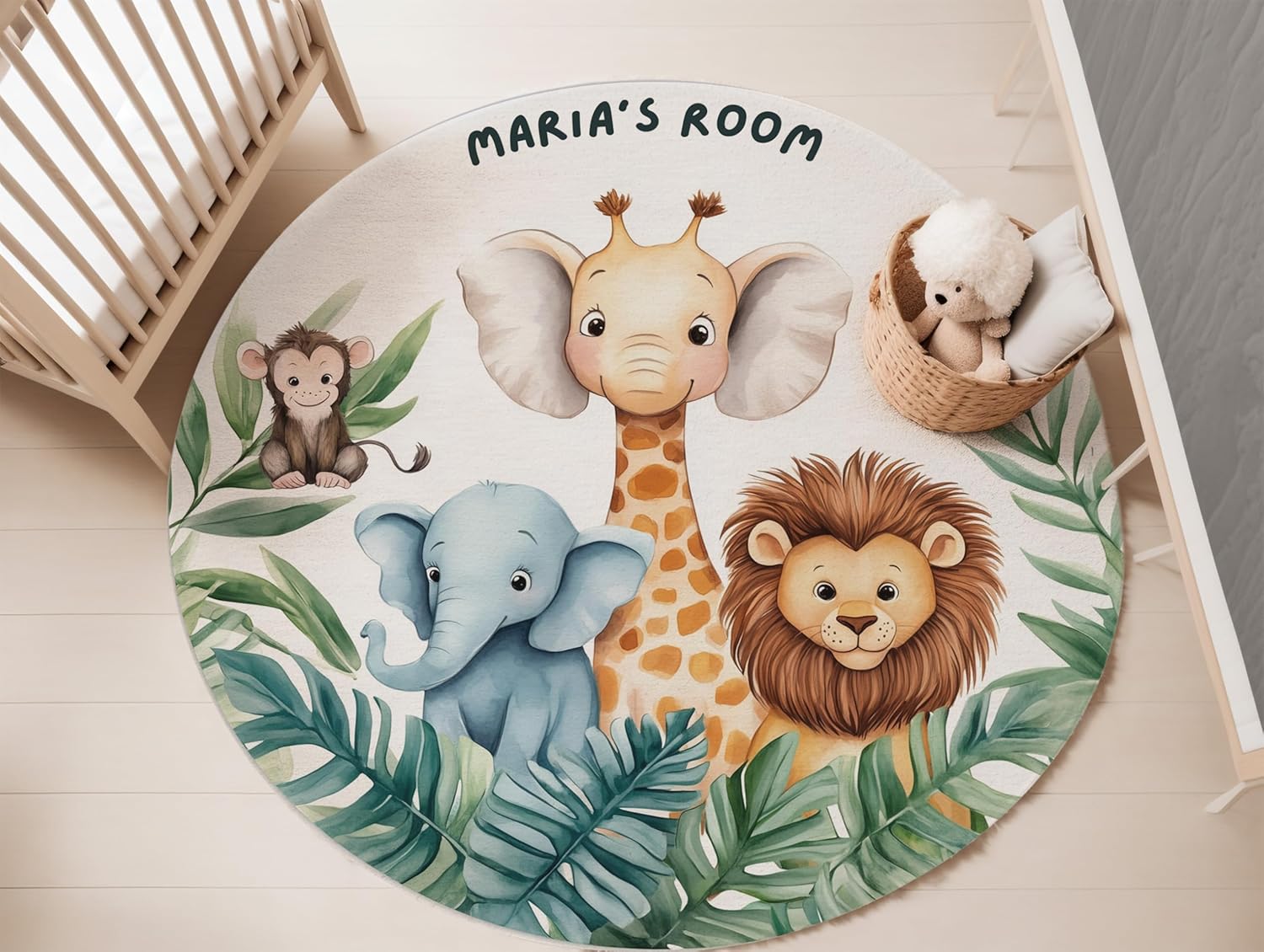 Personalized Safari Nursery Rug with Name – Washable Round Rug for Baby Room, Safari Animal Kids Rug, Custom Jungle Theme Area Rug for Nursery Decor, Cute Playmat for Kids