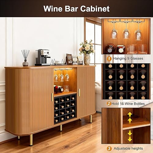 Miniatura 4 de DHH Gabinete de bar de vino de 55 pulgadas con almacenamiento, licor estriado y barra de café con estante para vino y soporte para vidrio, aparador