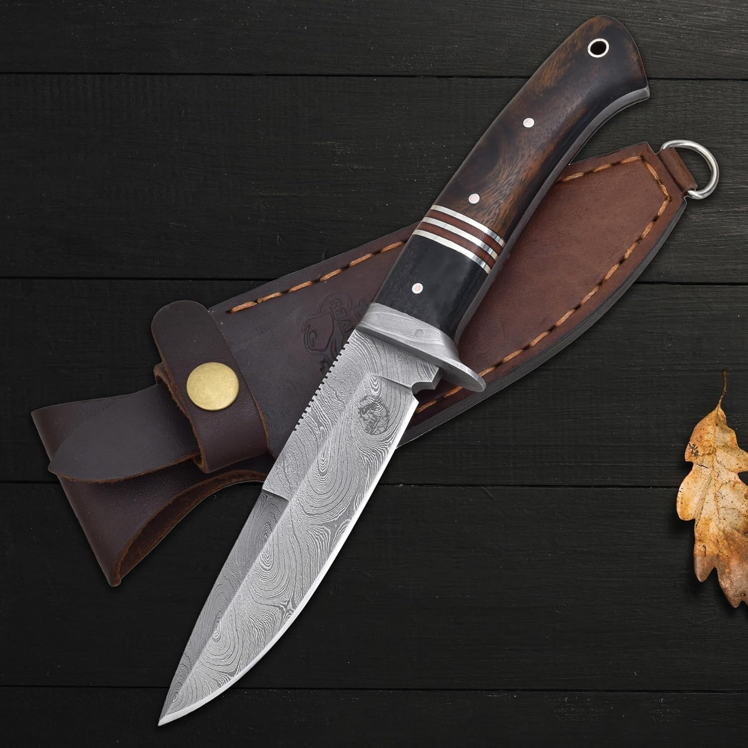 Knives Ranch Handmade 9-3/4" Hunting Knife - Full Tang Construction - Excellent Edge Retention - Rosewood Handle - Genuine Leather Sheath (3052-IRW)