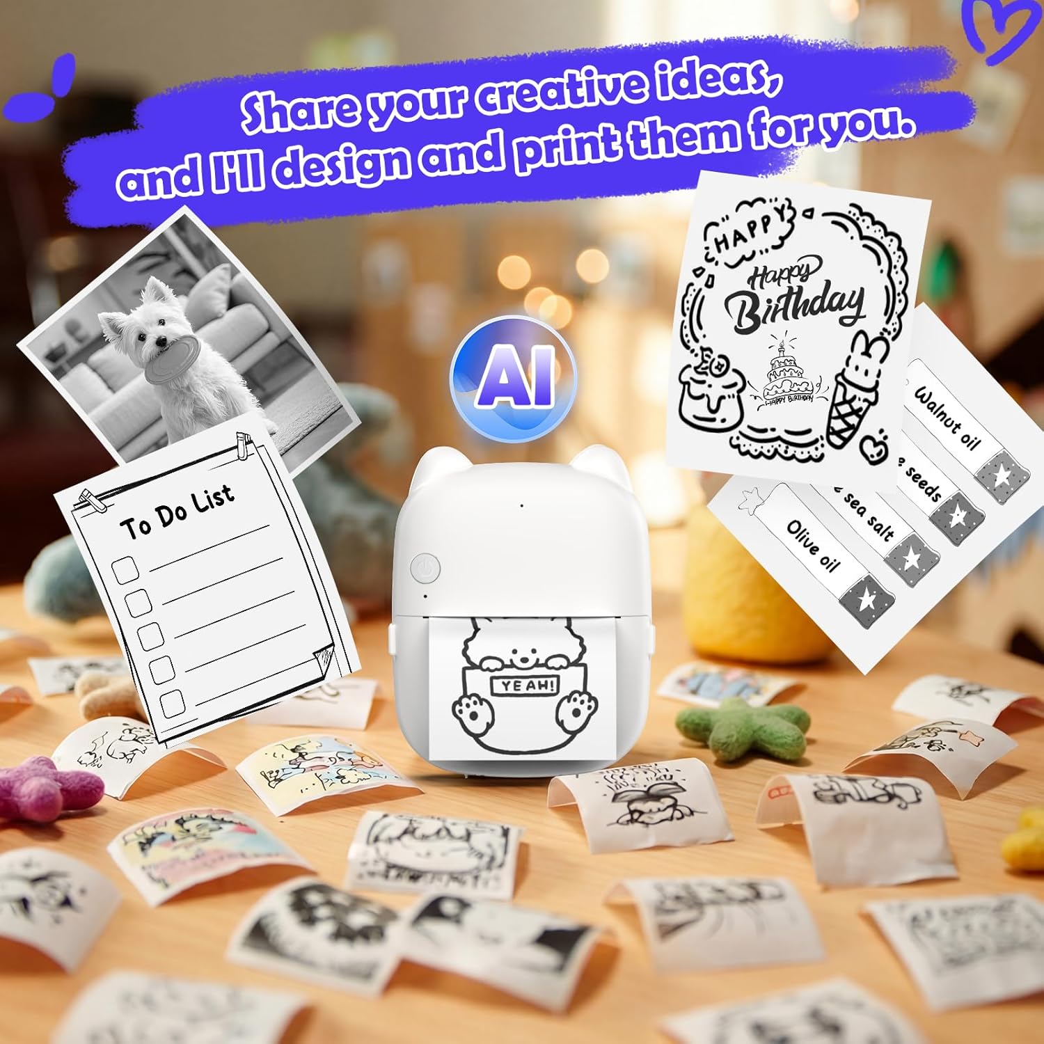 HuiJuKeJi AI Voice Mini Sticker Printer - Thermal Inkless Sticker Maker,Voice Control,Photo Generation,Smart Q&A,Portable Bluetooth Printer for Photos,Notes, DIY,Memos,Labels,Todo List