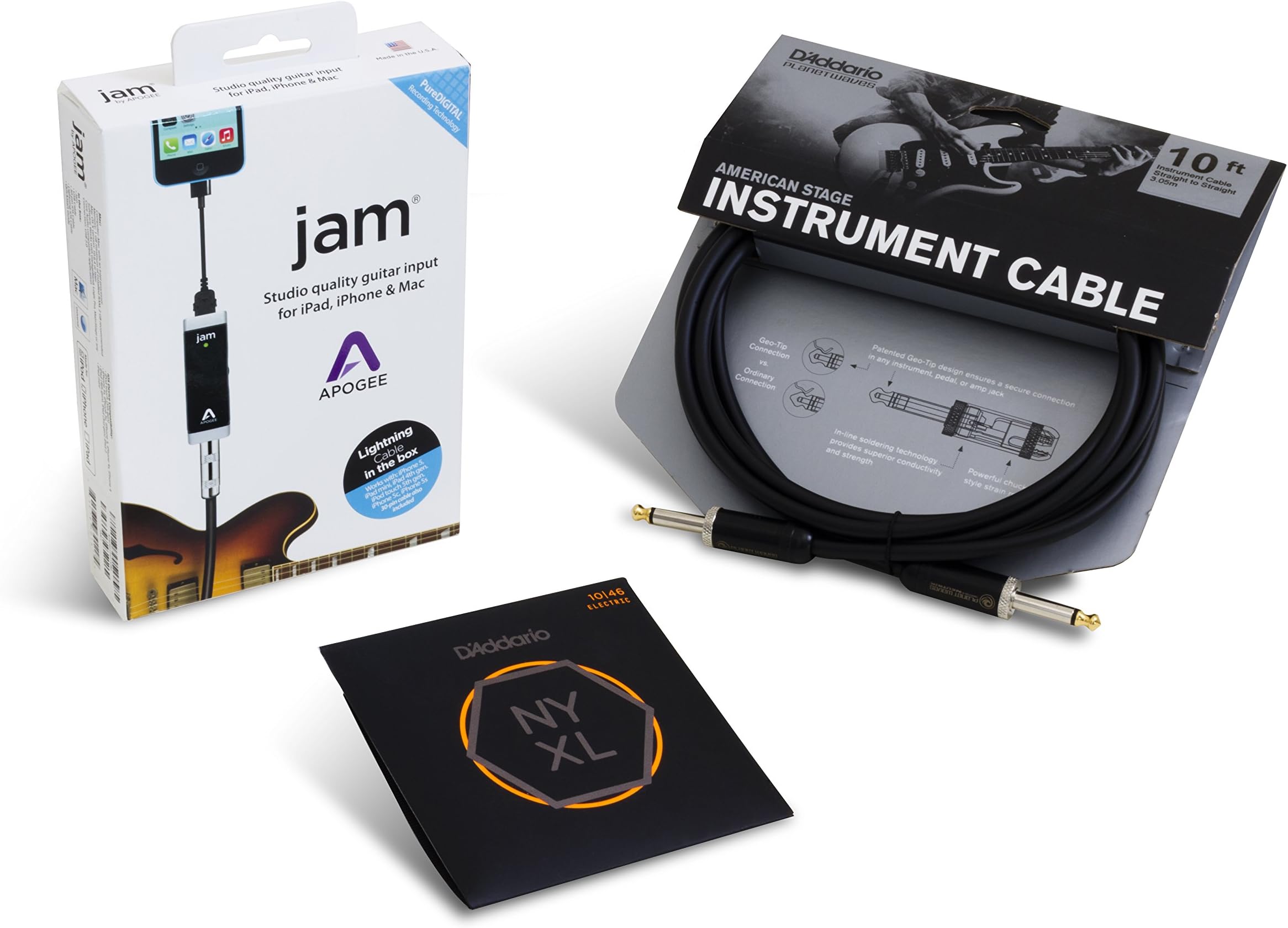 Apogee JAM Electric Guitar Accessory Bundle with D'Addario NYXL Light Strings and American Stage Cable