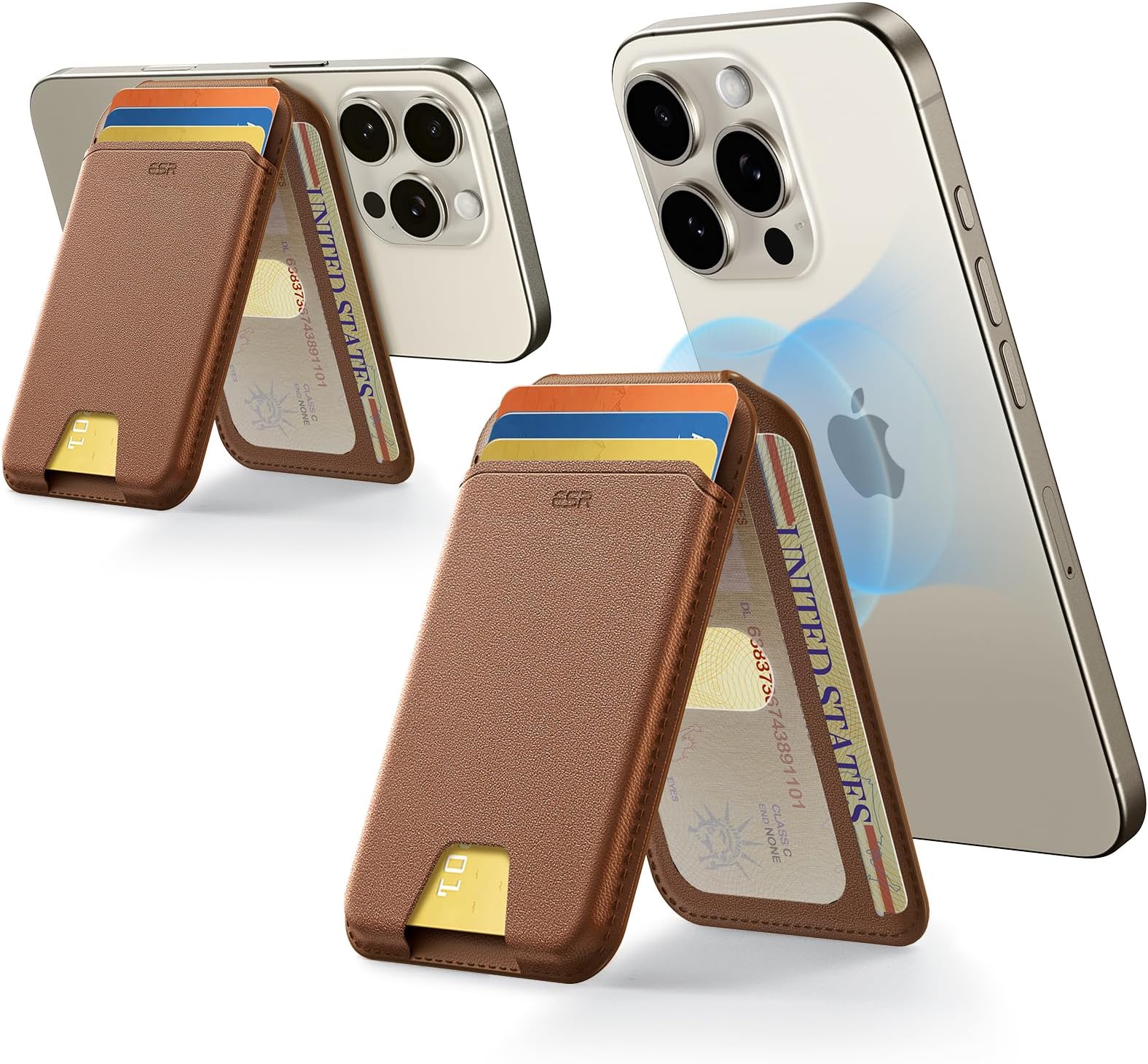 Magnetic Wallet, Compatible with MagSafe Wallet with Adjustable Stand, for iPhone 17e/17/16/15/14/13/12 Series, Not for iPhone 13/12 mini, 3 Card Holder, Vegan Leather, Brown