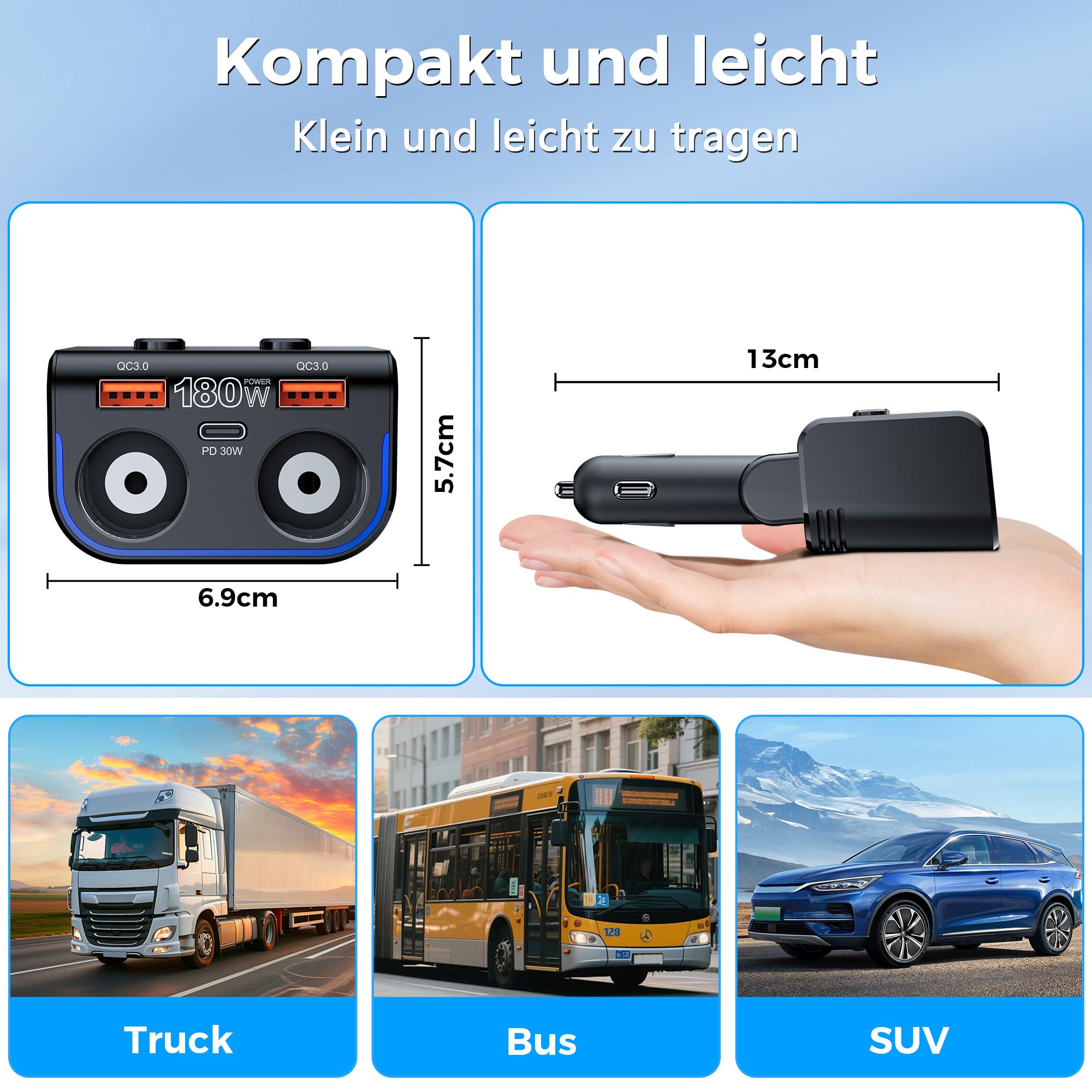 SONRU180W Zigarettenanzünder Verteiler 5 in 1, 24/12 Volt Steckdose Auto Ladegerät KFZ Doppelsteckdose Adapter mit Zwei USB Typ-C Schnellladeanschluss