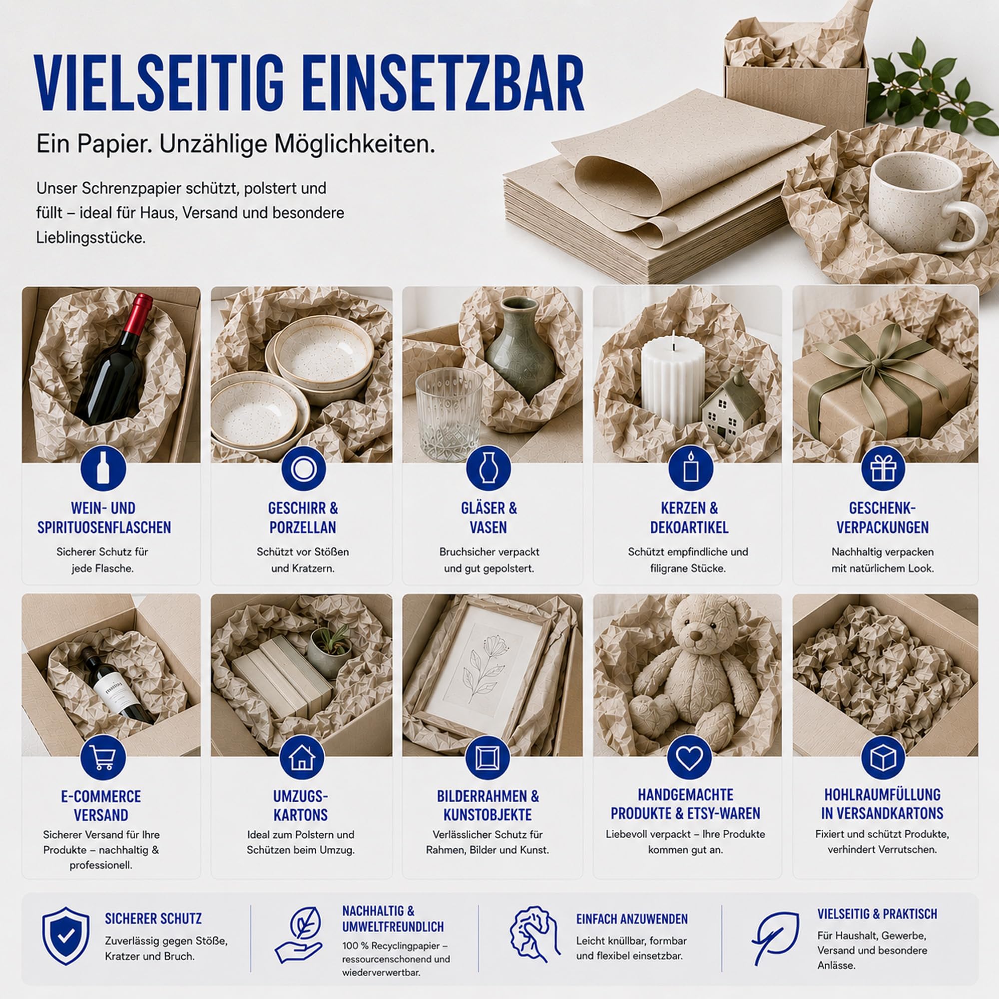 Schrenzpapier Packpapier 37,5 x 50cm 80g/m² 1300 Bogen für Umzug & Versand - Füllmaterial & Verpackungsmaterial - 100% Recycling - 20 kg