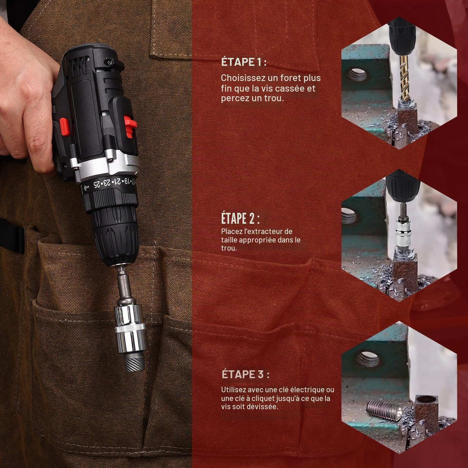 25 Pièces Extracteur de Vis Casse Set, Extracteur de Boulon Endommagées, Extracteur de Goujon, Tourne a Gauche Extracteur, pour Enlever Facilement Les Boulons Cassés et Les Vis Rouillées