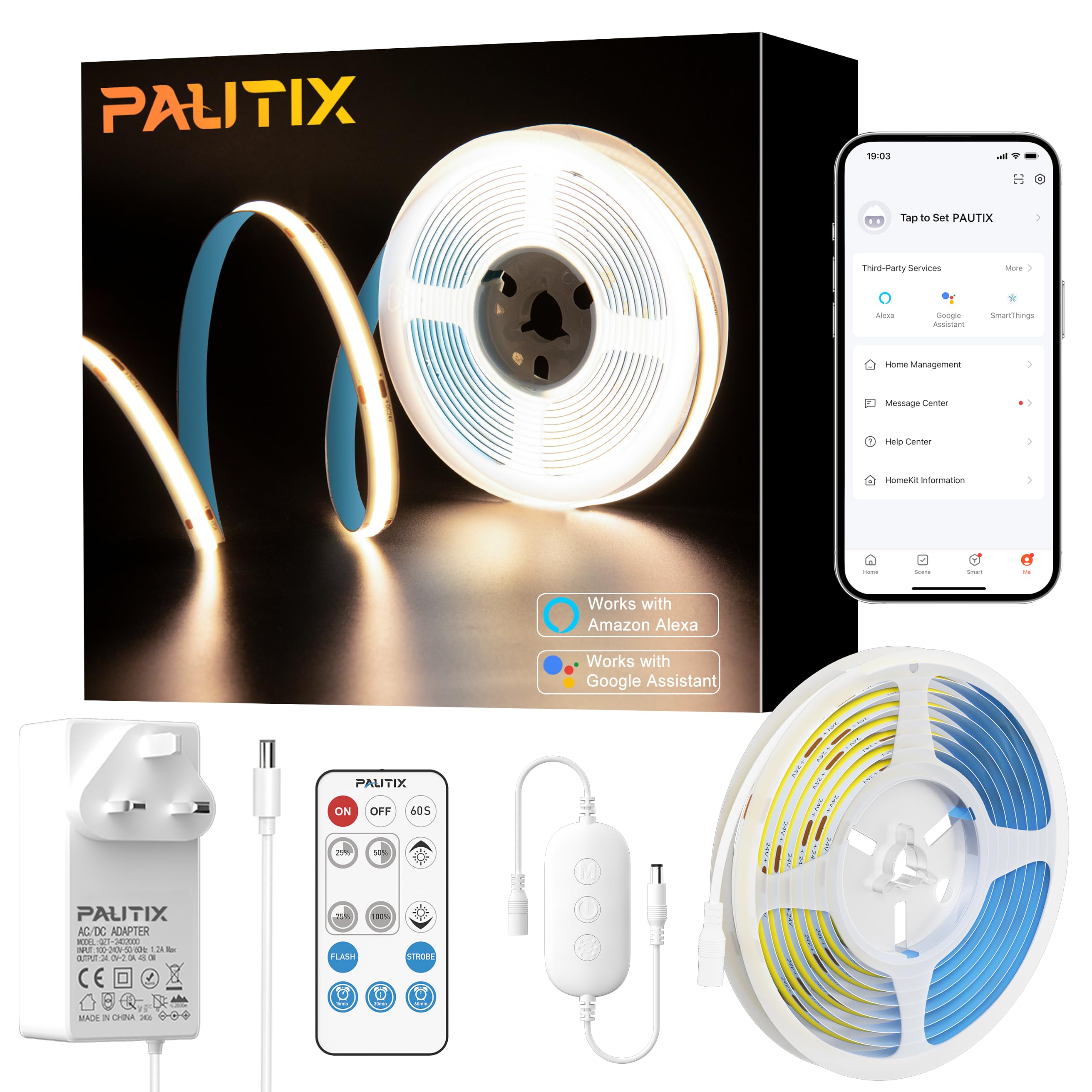 PAUTIX COB LED Strip 5M Warm White 3000K Smart WiFi LED Strip Light Work with Alexa/Google Assistant Dimmable Cuttable CRI93 24V Rope Lights Kit for Kitchen, Under Canbinet, Bedroom, Acoustic Panel