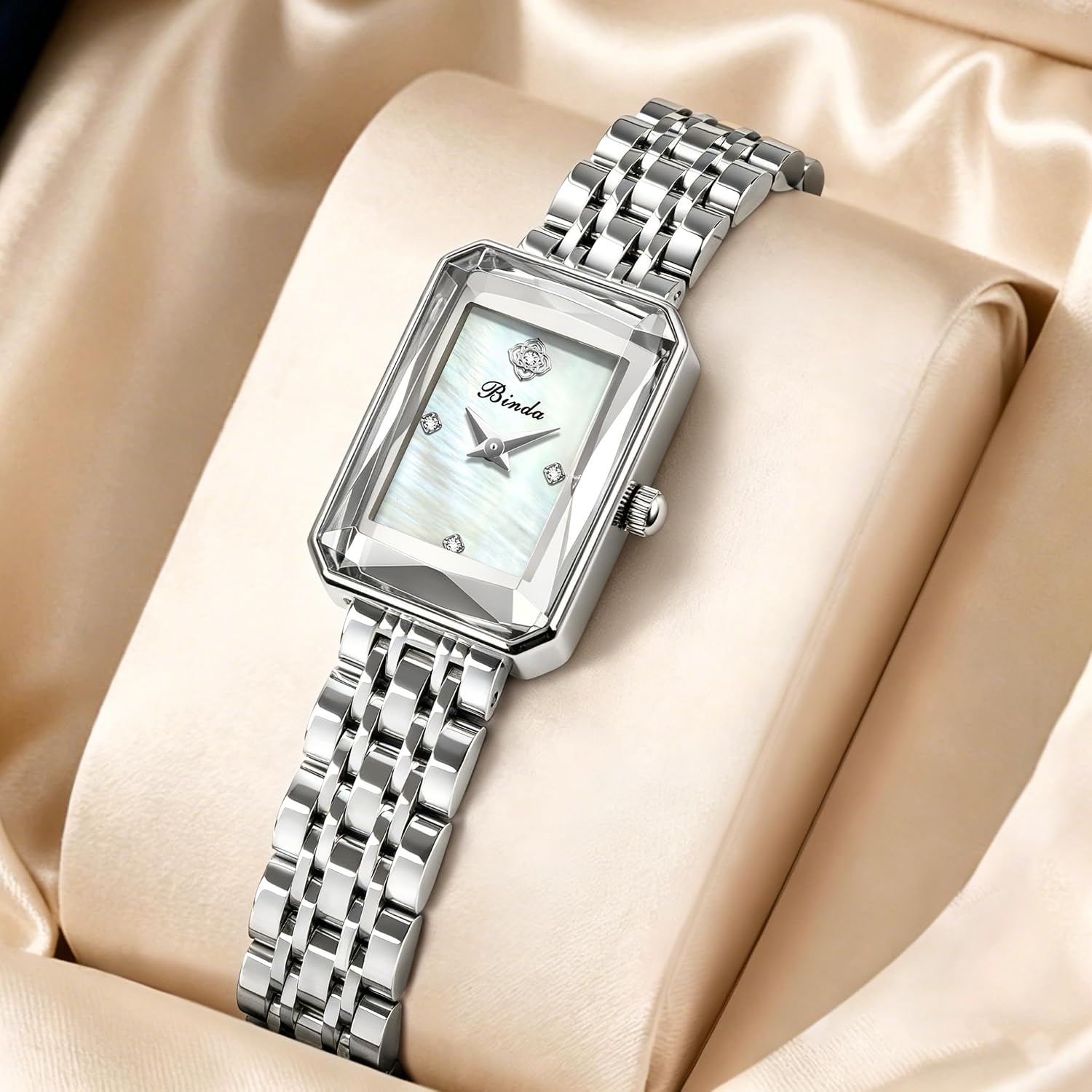 Binda Gold Watches for Women with Vintage Rectangular Case,Mother-of-Pearl Dial,Stainless Steel Band,Adjustment Tool Included,Water Resistant