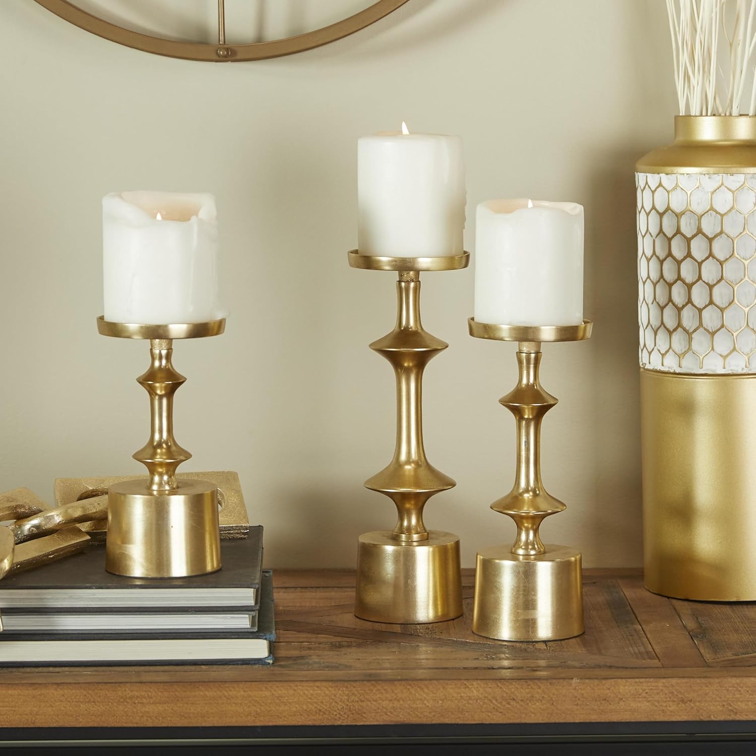 CosmoLiving by Cosmopolitan Aluminum Metal Decorative Candle Holder Pillar Candle Stand, Set of 3 Candlestick Holder 11", 9", 7" H, Gold - Image 5
