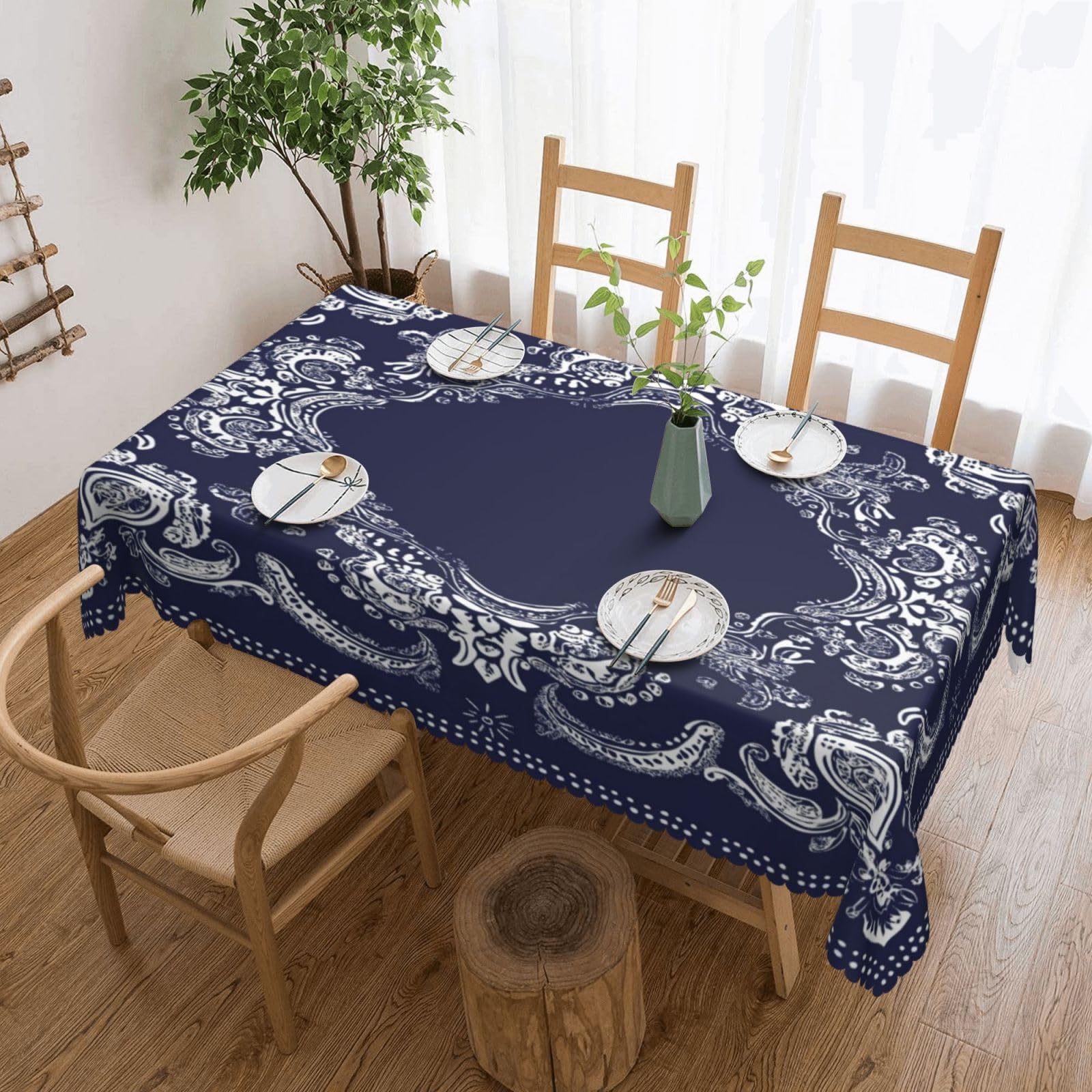 Nappe déperlante anti-tache à motif paisley bleu et blanc pour décoration de table