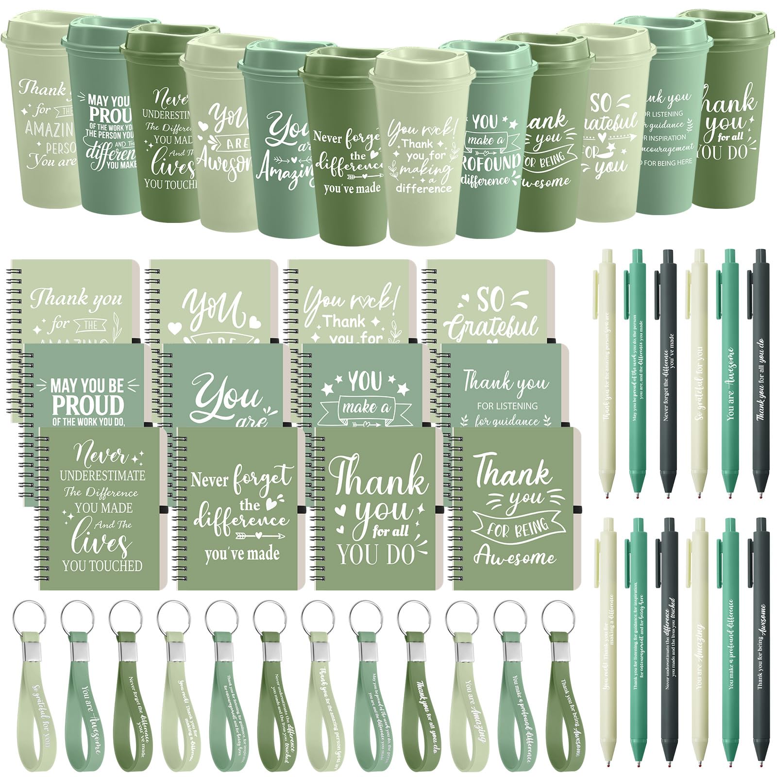 Skylety Set di 12 tazze da caffè da 48 pezzi, con scritta "Thank You", con penna e portachiavi, per personale, insegnanti, colleghi, amici (sfumatura verde)