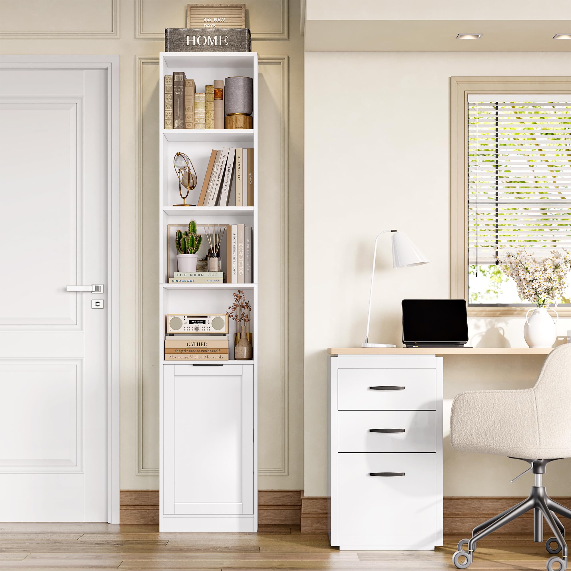 FirFurd 186,4cm Libreria Verticale, Libreria Salvaspazio a 6 Ripiani Bianco | Vetrina Espositiva a 4 Scomparti Aperti,Librerie Stretta,per Appartamenti Piccoli,Soggiorno,Studio e Ufficio,35x24x186,4 cm