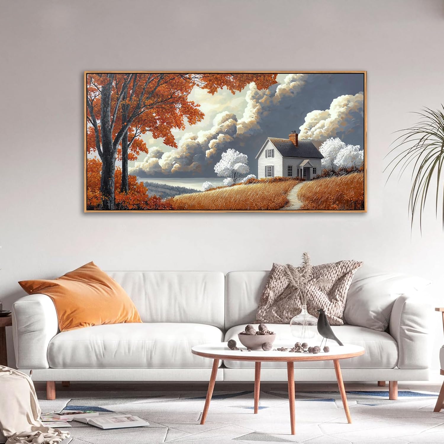 QZQCBLC Farmhouse Wall Art, White Clouds Orange Trees Landscape Pictures Rustic Cabin Painting Framed Artwork for Living room Bedroom Bathroom Home Office Decor 20x40 IN 40"L x 20"W Orange and White