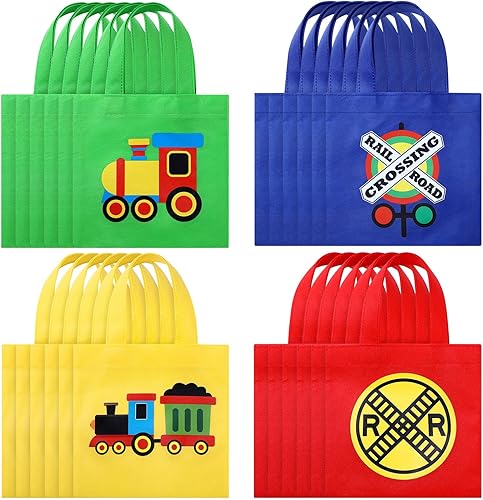 Silkfly 24 bolsas de mano temáticas de tren para fiestas, lona con asas para niños, suministros para fiestas de cumpleaños