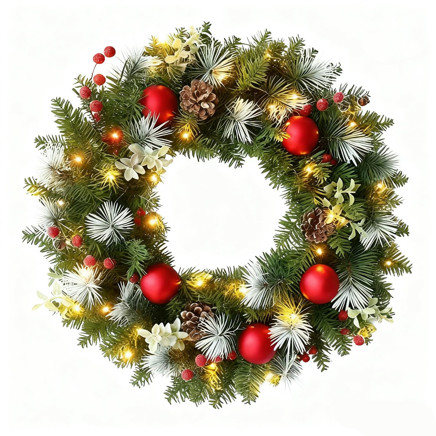 55cm/22 Inch Pre-Lit Artificial 40 LED lights Christmas Wreath with Pine Nuts Berries Frost Branches and Spherical Clusters Adornment Applicable to the Windows Door Mantel Christmas Decorations