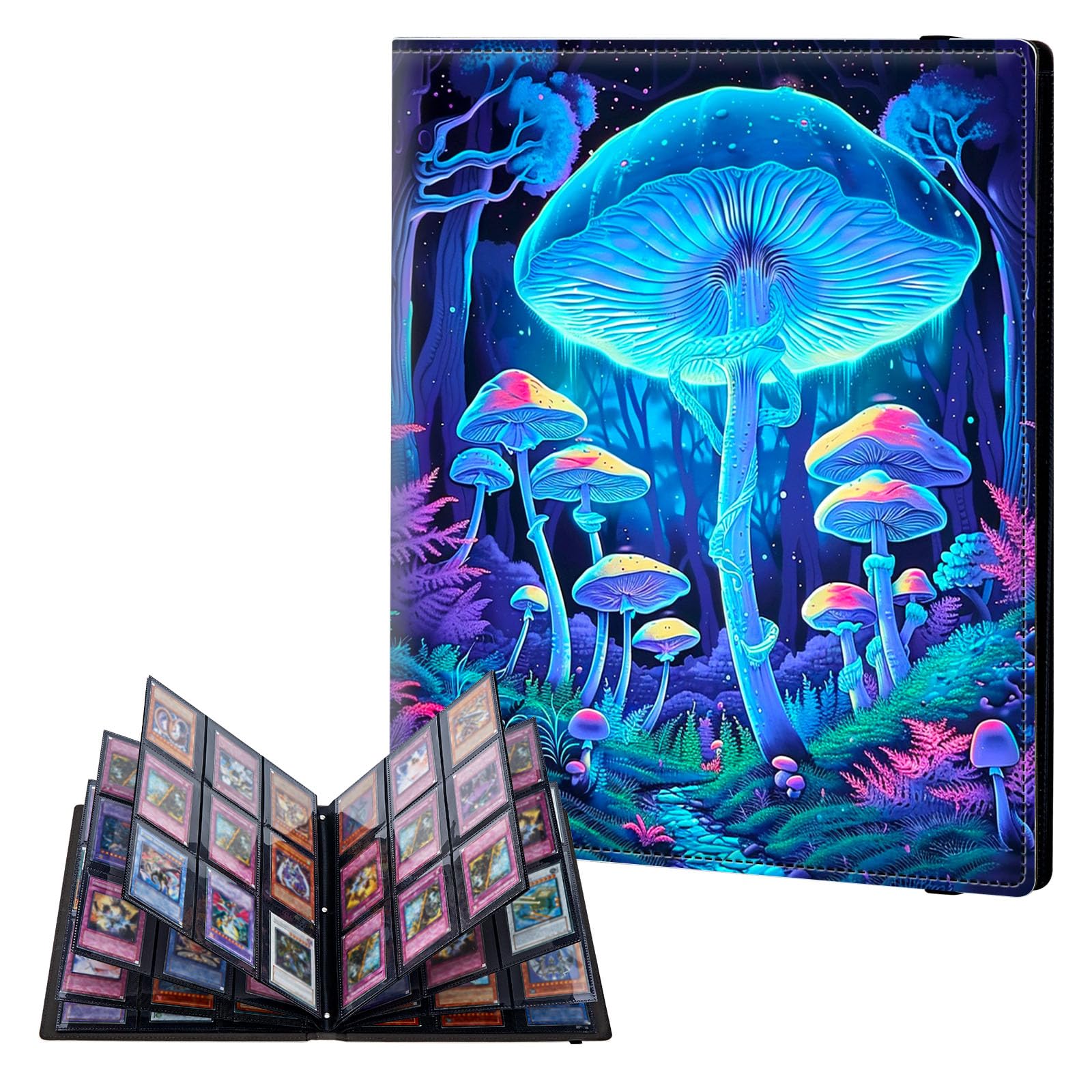 ETLKJVBL 9 Pocket Trading Card Binder, Card Collection Binder for TCG, MTG, Sports Cards, Baseball, Glowing Neon Blue Mushroom Forest Trading Card Book Holder for Collectors, Top Loader Binder