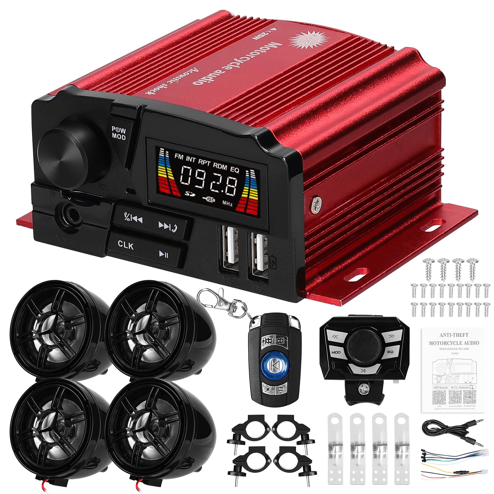 Fyearfly BT Alarma 4 x 25 W 4 canales estéreo 12 V para motocicleta ATV