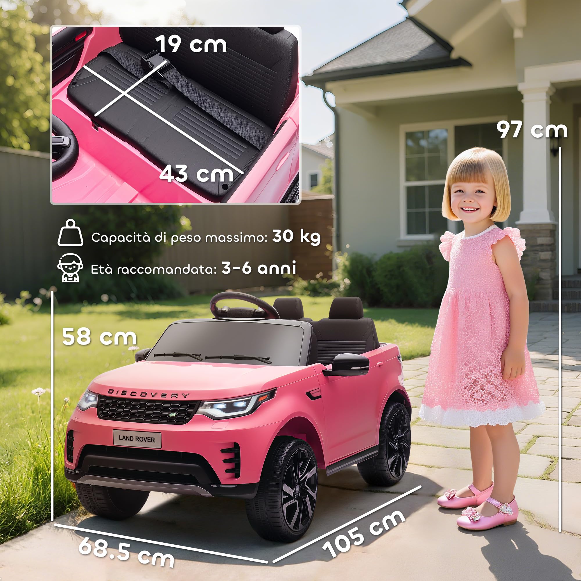 AIYAPLAY Voiture Électrique Enfant Land Rover Discovery 12 V Rose | Télécommande 2,4 G, 2 Moteurs, Véhicule avec Démarrage Progressif, Port USB, Musique, Phares LED, Klaxon