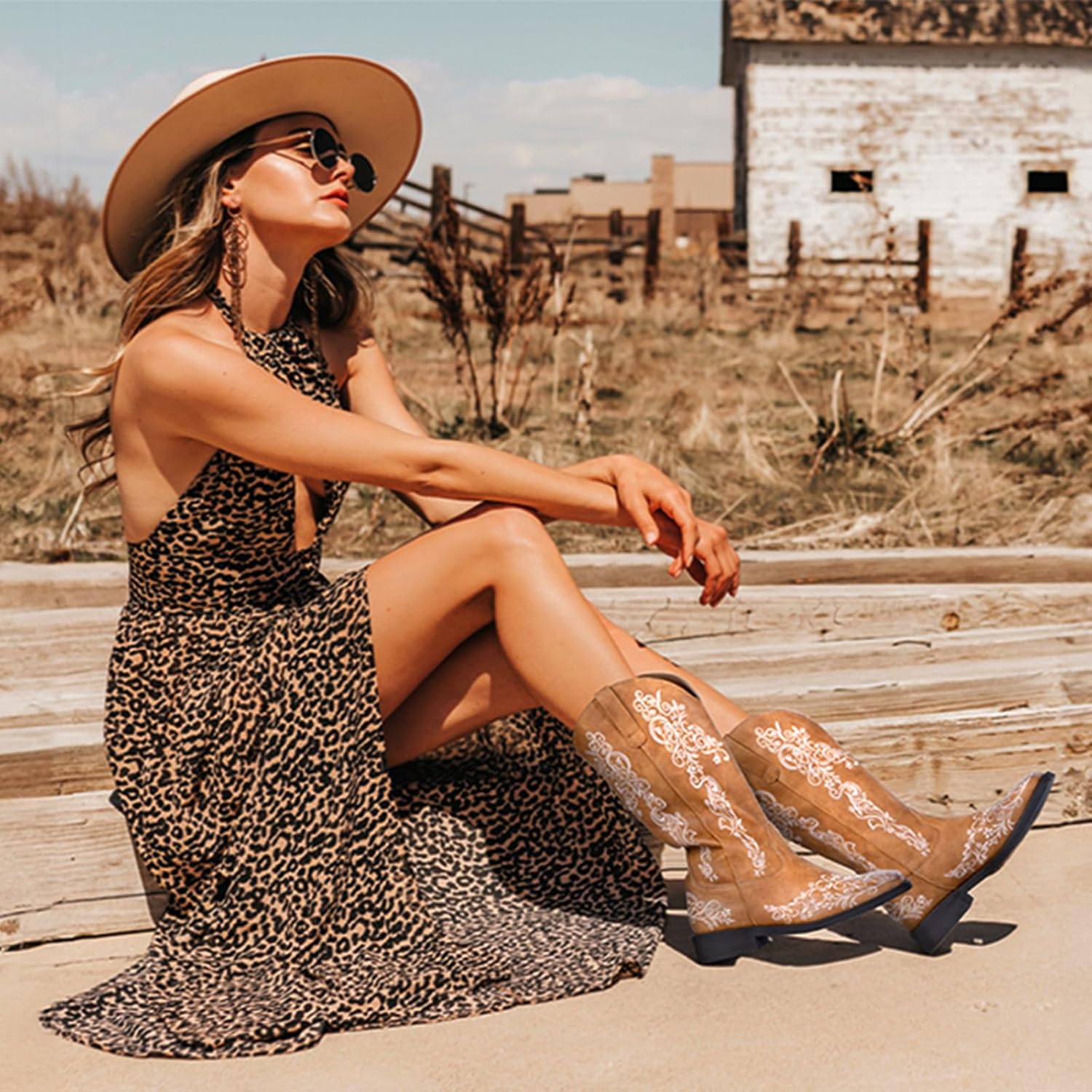 SheSole Women's Square Toe Cowboy Boots Floral Embroidered Cowgirl Western Boots Wide Calf - Image 6