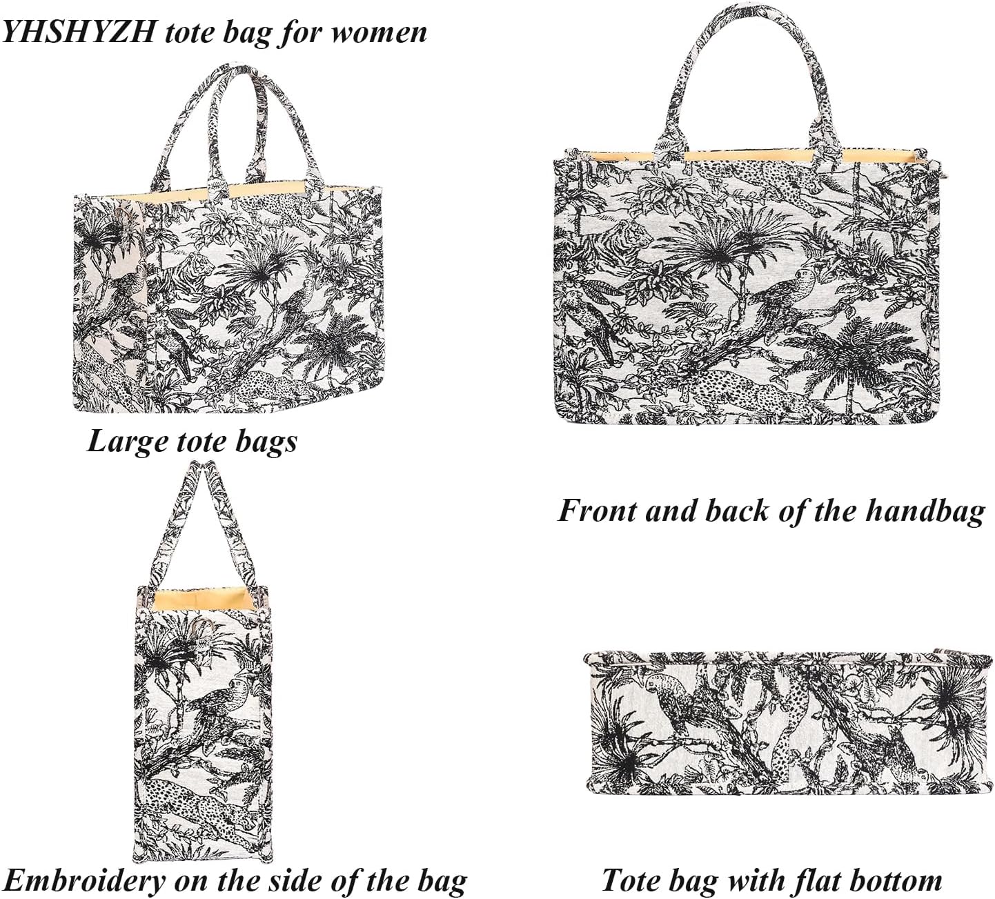 Large Tote Bag for Women with Strap, Linen Jacquard Handbag, Retro Tiger Leopard Embroidered Purse | Detachable Strap, Retro Embroidered, Versatile - Image 6