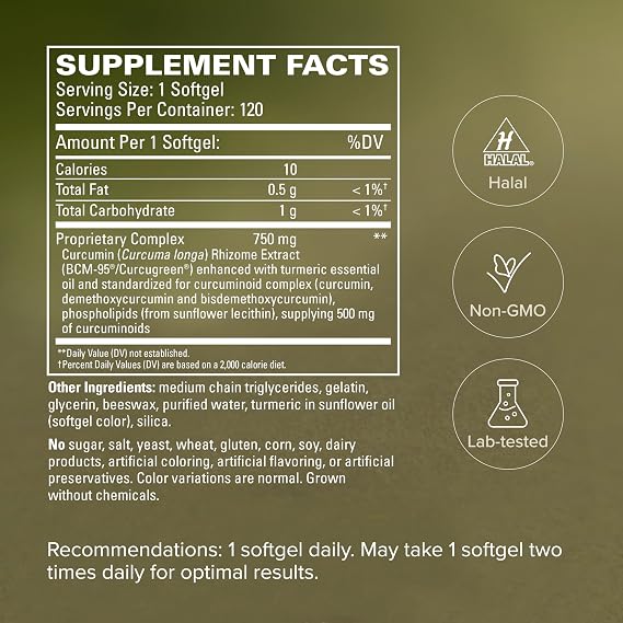 Terry Naturally CuraMed 750mg - Pain & Inflammation Relief - 120 Count | BCM-95, Curcumin. Brain, Heart and Liver Health Support. 120 softgels.