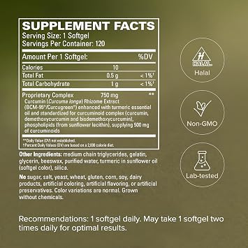 Terry Naturally CuraMed 750mg - Pain & Inflammation Relief - 120 Count | BCM-95, Curcumin. Brain, Heart and Liver Health Support. 120 softgels.