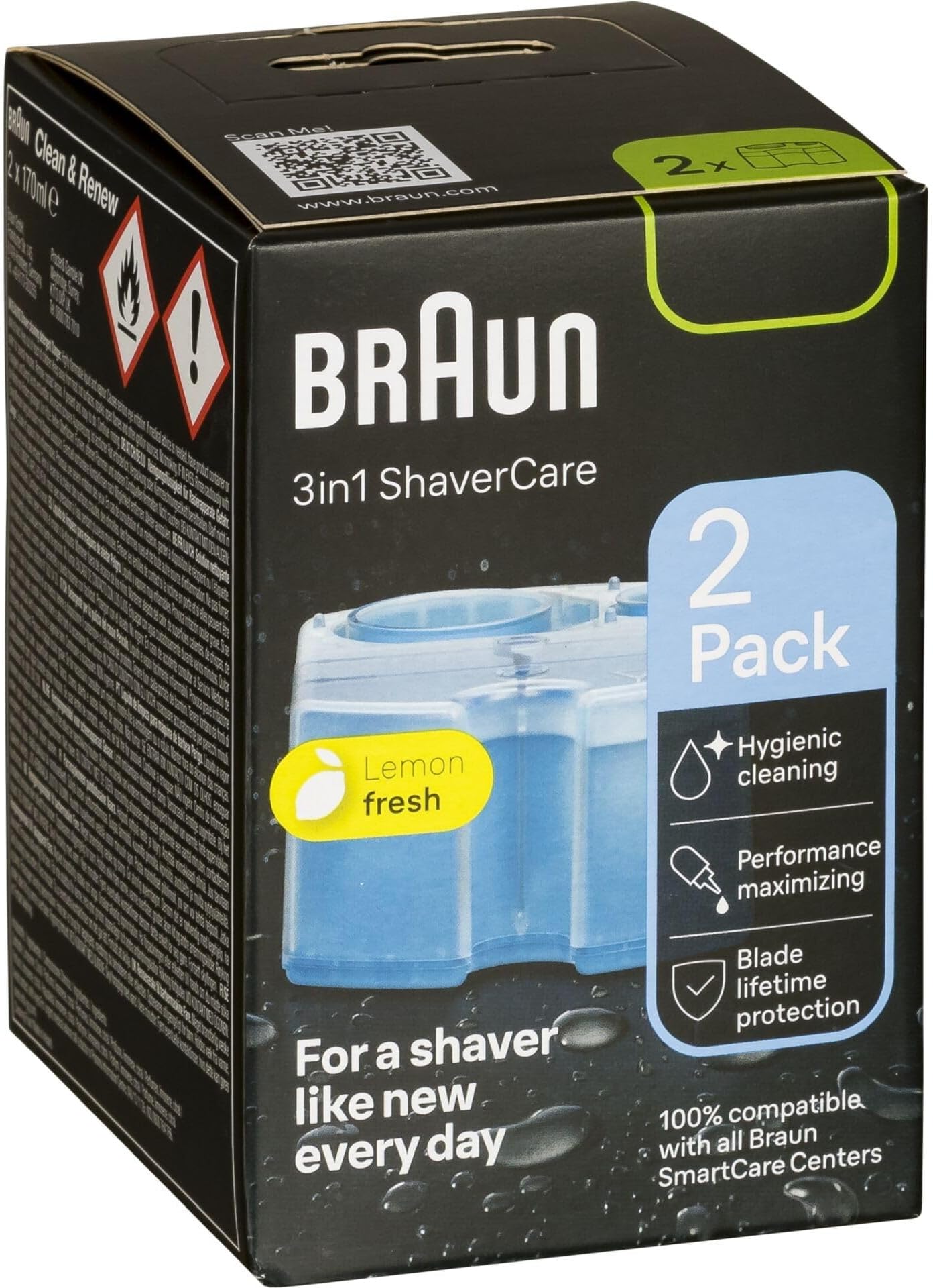 Braun 3-in-1 ShaverCare Cleaning Cartridges for Cleaning Stations, Cleans Razor 10x Better Than Water, Original Cartridge, Hygienic Cleaning, Removes Hair and Skin Particles, Pack of 2