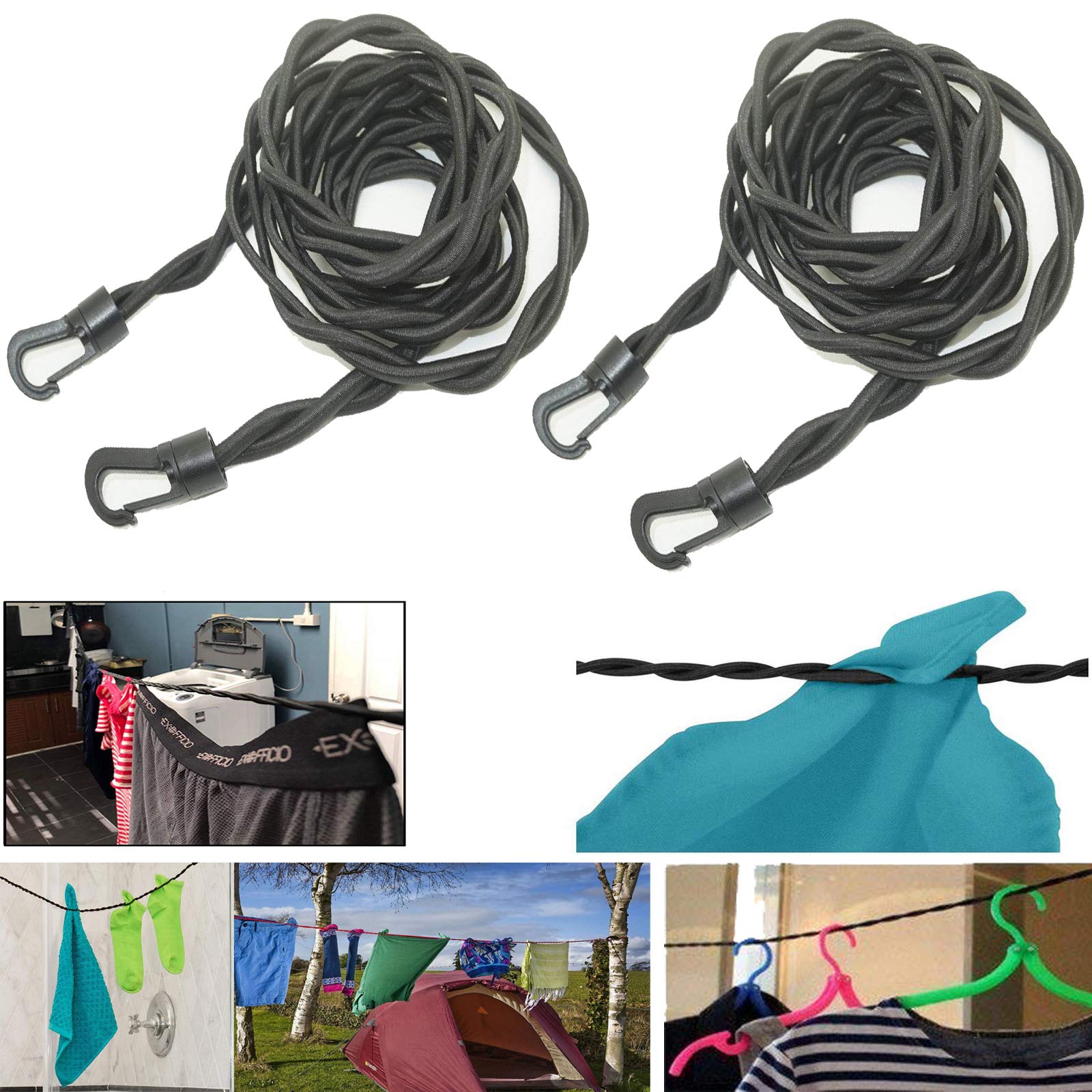 Pack 2, Braided Cord Designs Clothesline, Bungee Clothesline, Pegless Washing Line, Camping Travel Clothesline, Indoor/Outdoor Laundry Holiday Clothesline, (no Metal) - More Secure to Carry