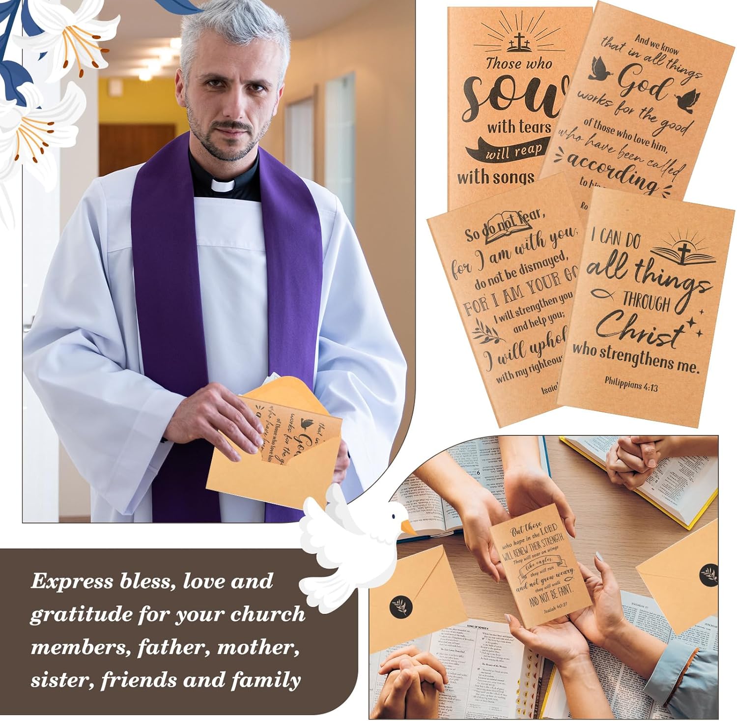 100 Sets Christian Greeting Cards Bulk with Envelopes Stickers, Religious Bible Verse Cards Scripture Inspirational Encouragement for Baptism, Birthday, Wedding(Kraft)