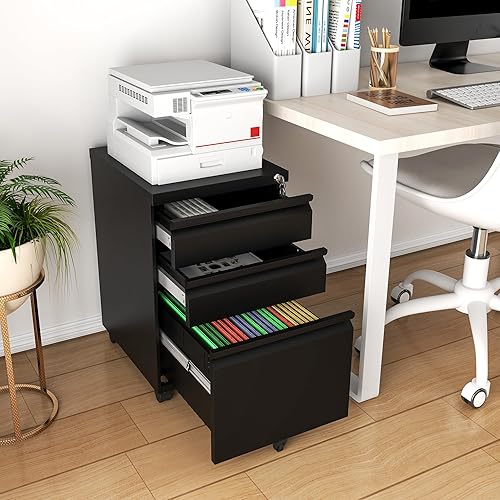 Miniatura 2 de Archivador móvil de 3 cajones, archivador rodante totalmente montado debajo del escritorio, archivador de metal con cerradura para organizador de