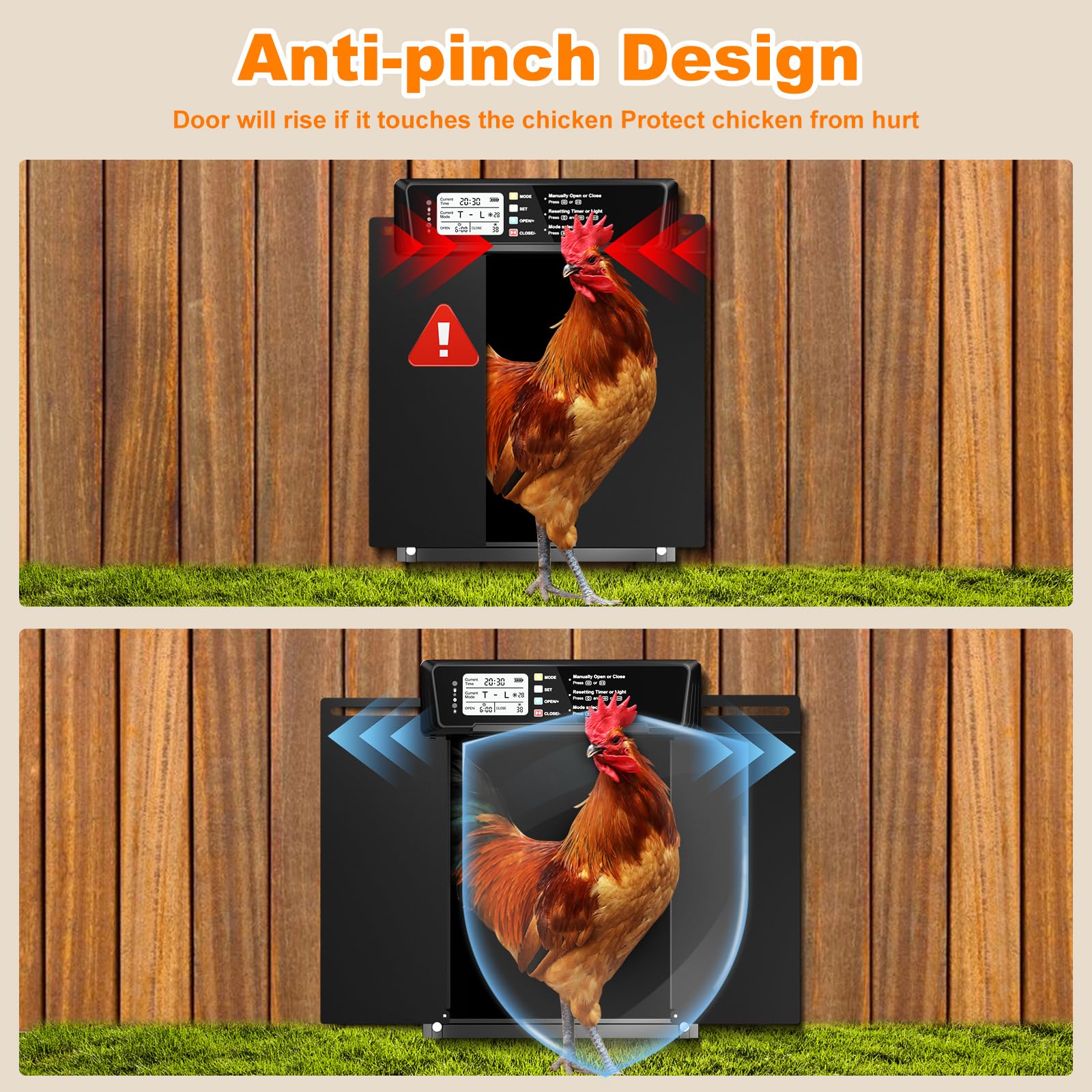 Puerta automática de gallinero solar y funciona con pilas, 6 modos de puerta de gallinero con temporizador, sensor de luz, abridor automático de puerta de pollo eléctrico de aluminio con control
