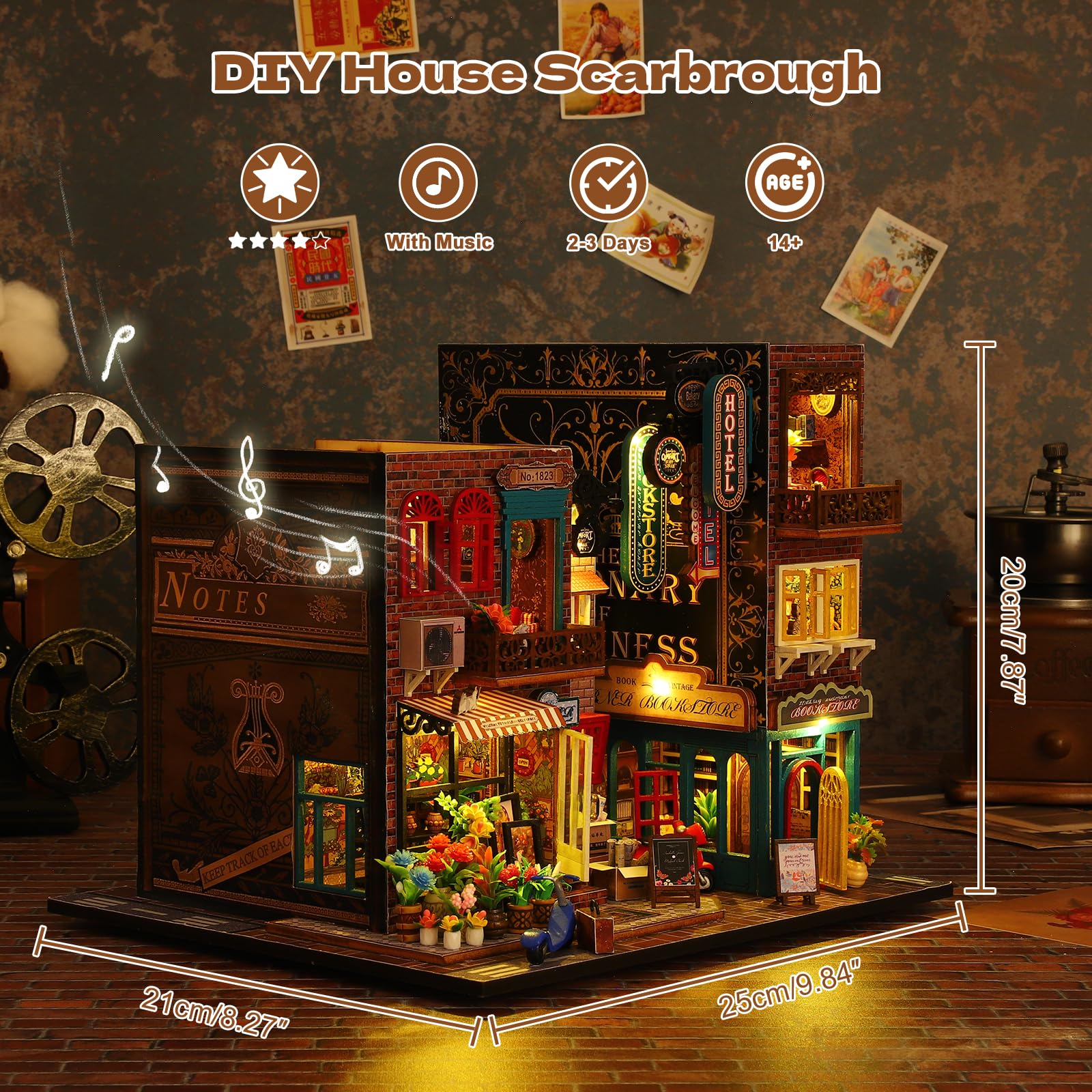 Scarborough miniaturowy domek do budowania, mały drewniany model 3D, mini domek dla lalek, regał na książki, dekoracja z pyłoszczelną pokrywą i pozytywką, kreatywny projekt rzemieślniczy dla