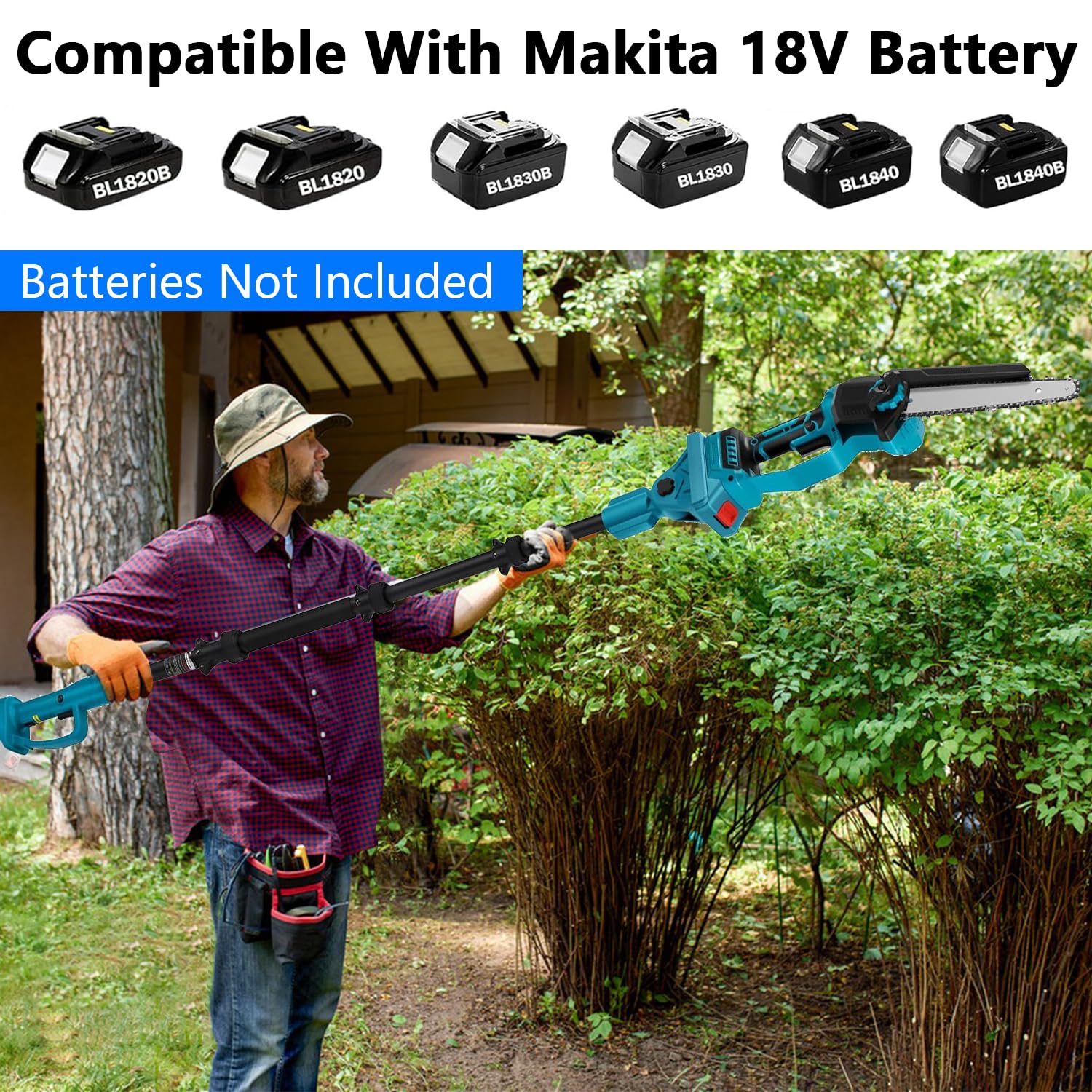 Podadora de mano para batería 2 en 1 compatible con Makita de 18 V, motosierra telescópica de 6 pulgadas con barra telescópica, con rango de trabajo de 4,5 m, para podar árboles y ramas (sin