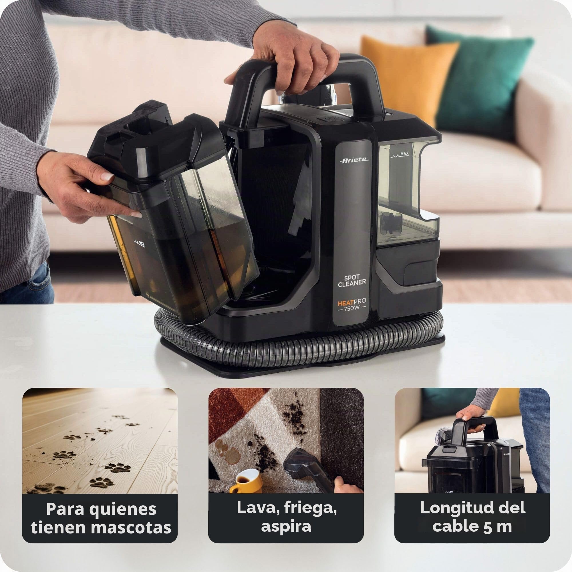 Ariete 2482 Spot Cleaner Heat Pro 750 W, limpiador para alfombras y tapicerías, mopa, 750 W, 2 depósitos, negro
