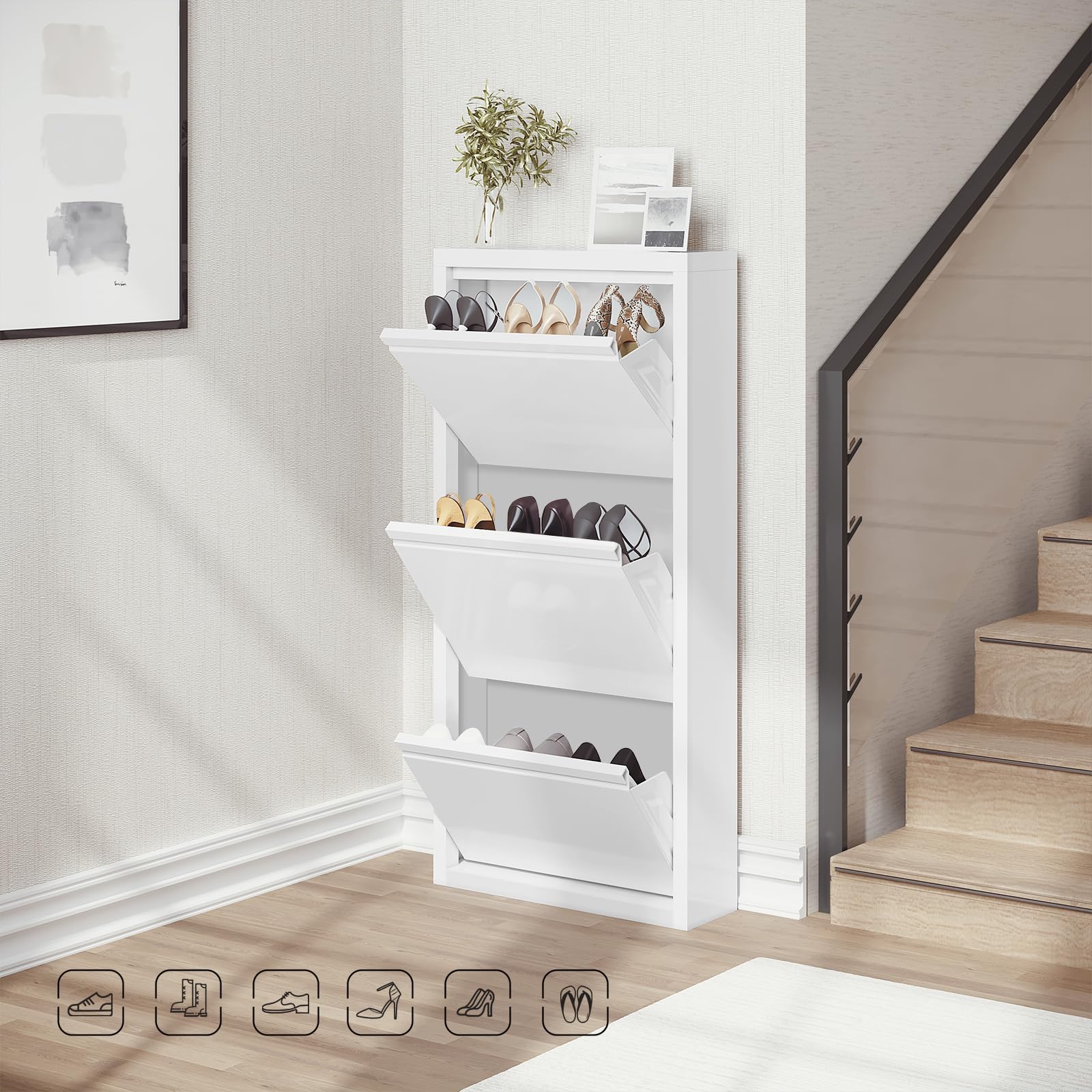 WOLTU Zapatero Entrada Recibidor, con 3 Cajones Abatibles, Mueble Recibidor, Organizador para Zapatos, Metal, Ahorro de Espacio, Blanco, 50x15x106 cm