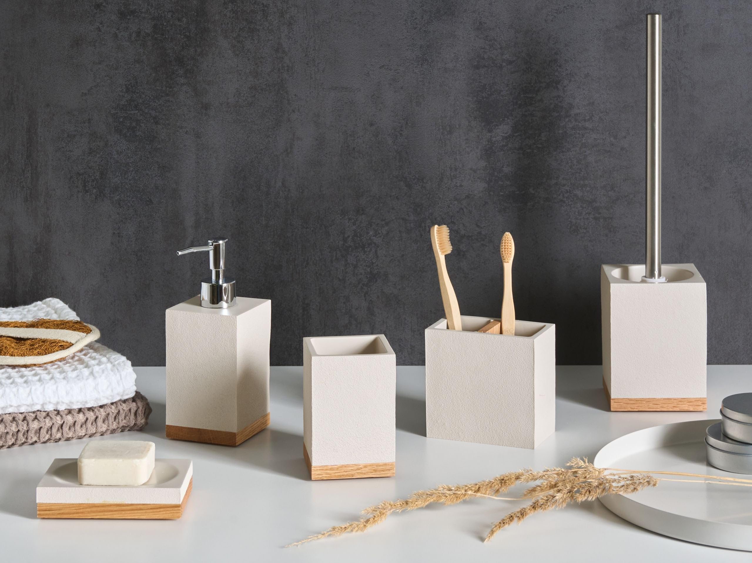 Conjunto de 5 Accesorios de baño jabonera dispensador de jabón escobilla de Inodoro Vaso Soporte para cepillos de Dientes Beige Tapiche