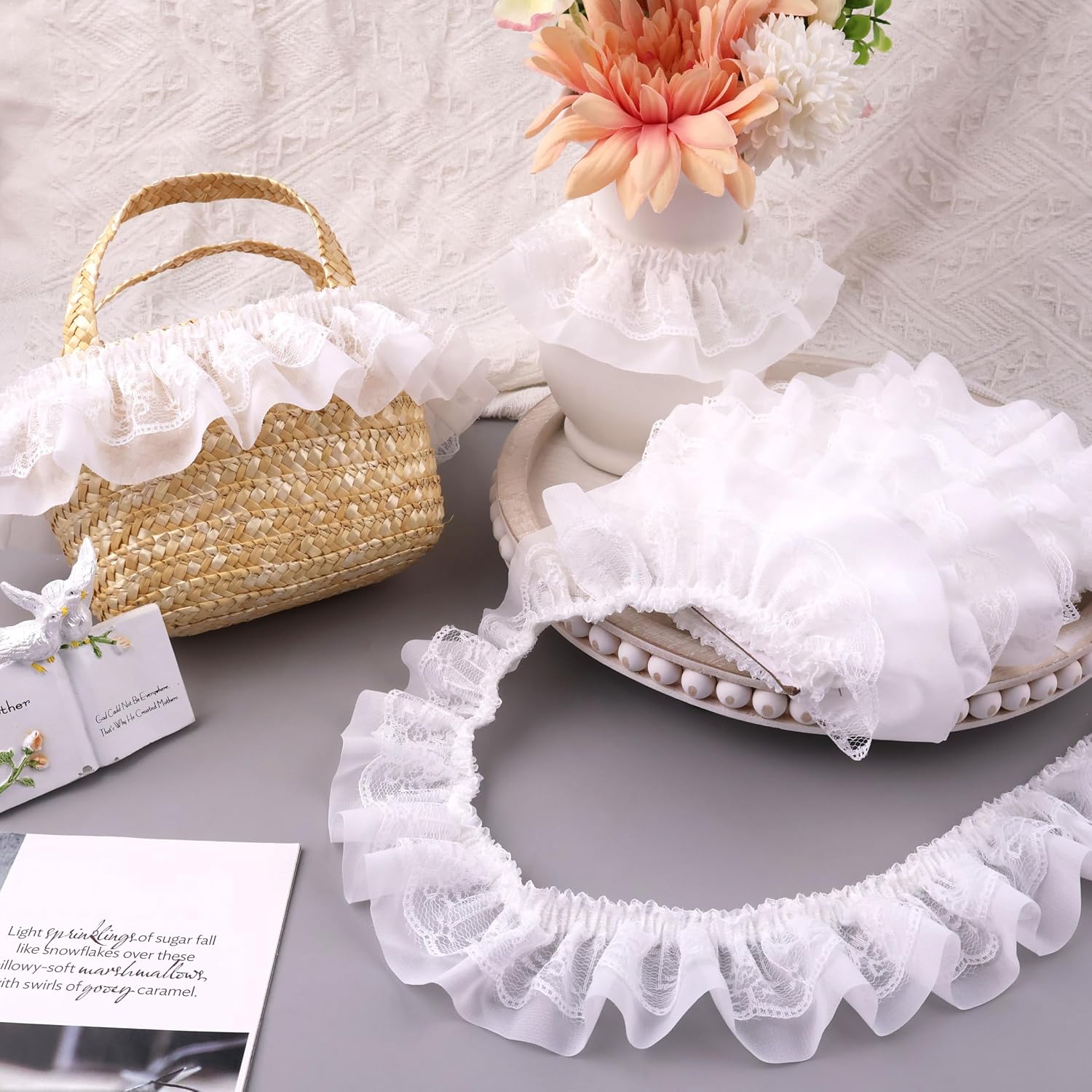GXTIZAS White Lace Ruffle Ribbon, Double Layer Pleated Chiffon Lace Trim, 6cm Wide Elastic Decorative Lace Edge for Sewing, Clothing, Pillowcase & DIY Craft Decoration (Perfect for 10-15 Projects)