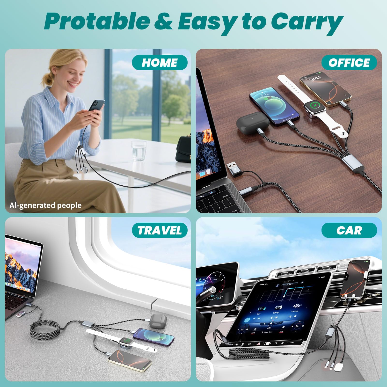 Travel Essentials 4-in-2-Multi-Ladekabel für Uhren-Ladegerät, USB-A/USB-C-Ladekabel/Kabel für alle Geräte, kompatibel mit Watch Ultra/SE/10–1, iPhone 17–11, Android und mehr