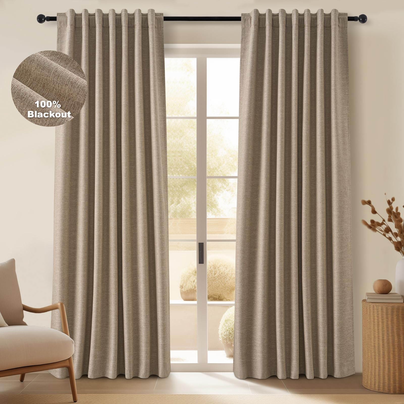 Topfinel Linen Blackout Curtains 96 Inch Long, Light Blocking Rustic Neutral Thermal Insulated Brown Natural Linen Cabin Back Tab Viral Drapery Drapes with Hooks Rings 2 Panel Sets, Brown Tan 8 FT