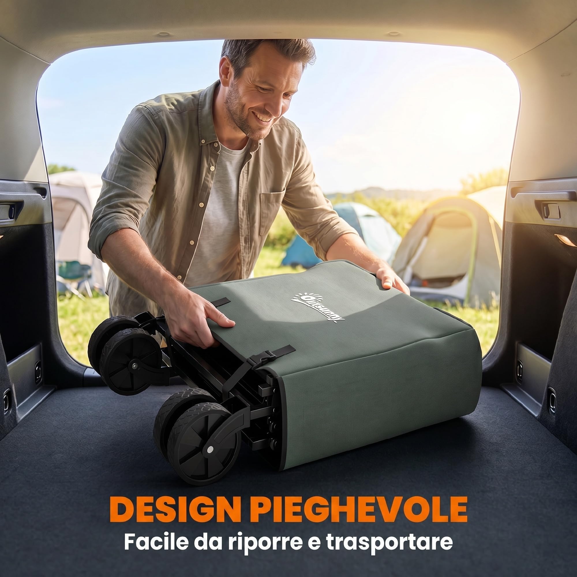 Outsunny Carrello da Giardino da 72L con 4 Ruote, Carrello Spiaggia Pieghevole in Acciaio e Tessuto Oxford con Borsa da Trasporto Lavabile, 2 Tasca Portaoggetti e Maniglia Girevole e Regolabile, Verde