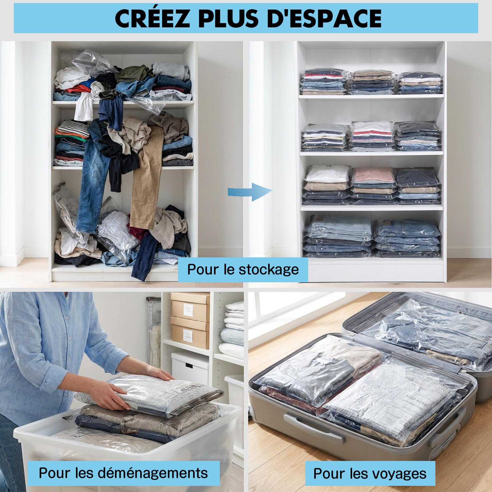 Sac Sous Vide Vetement Aspirateur avec Pompe à Vide Sans Fil, 16+2 Pièces sac sous vide Réutilisables (6x50*40cm, 6x60*40cm, 4x60*50cm, 2x30*40cm) pour Bagages et Rangement Armoire