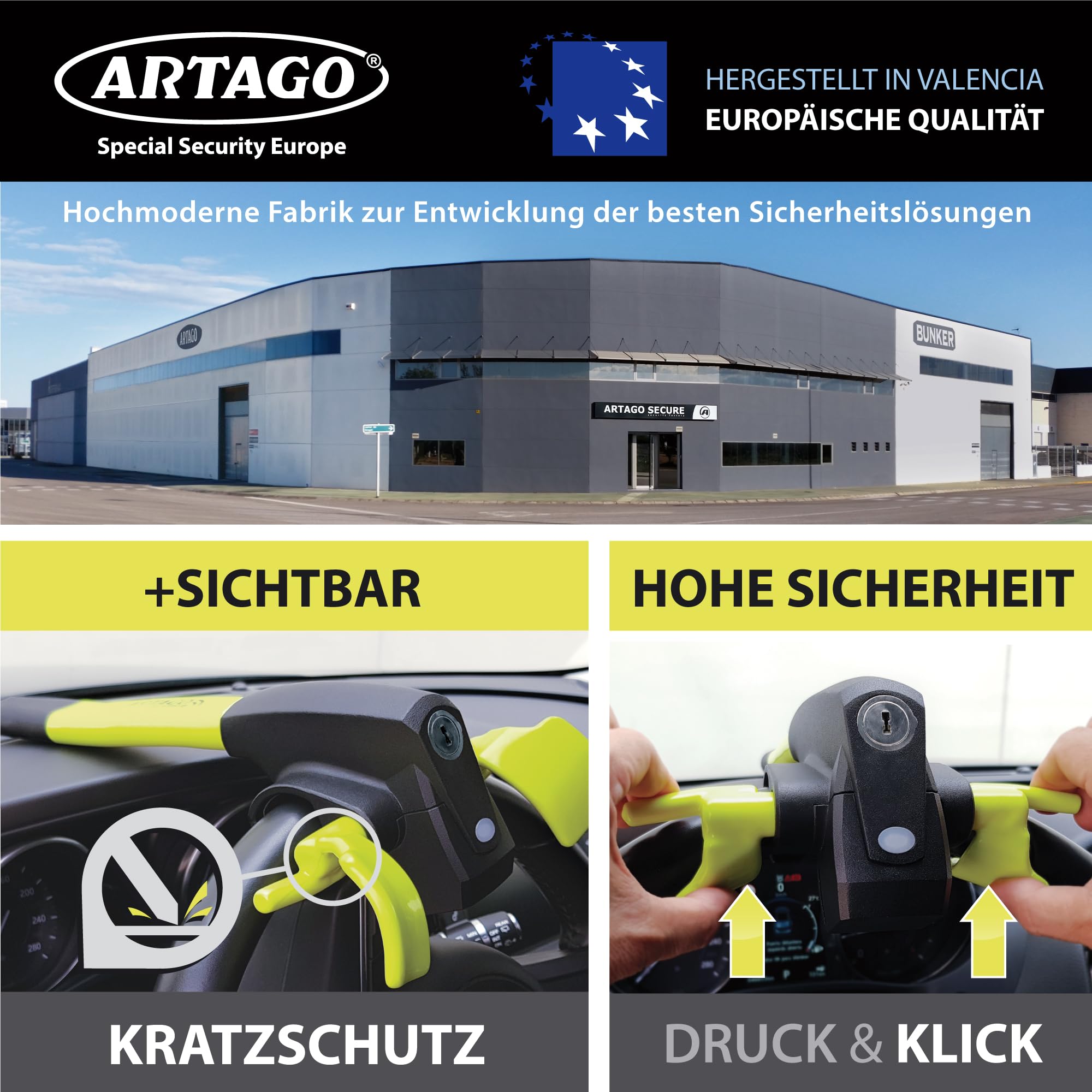 ARTAGO 870 Hochwertige Lenkradkralle 2in1 Ohne/Mit Alarm 120dB+LED, Sicherer und Abschreckender Lenkradsperre um die Lenkradspeiche, Fortschrittlichste Lenkradschloss zur Auto-Diebstahlsicherung