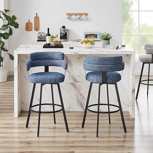 Miniatura 5 de 30 Inch Bar Stools Set of 2 with Full Back, Swivel Bar Chairs with Linen Padded Back, Metal Footrest, Modern Bar Height Stools for Kitchen Island,