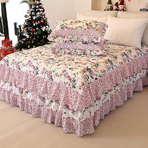 Miniatura 3 de EVENHUG Falda de cama 100% algodón, tamaño matrimonial, con volantes, color rosa, floral, con 2 fundas de almohada de 20 pulgadas, falda de cama de
