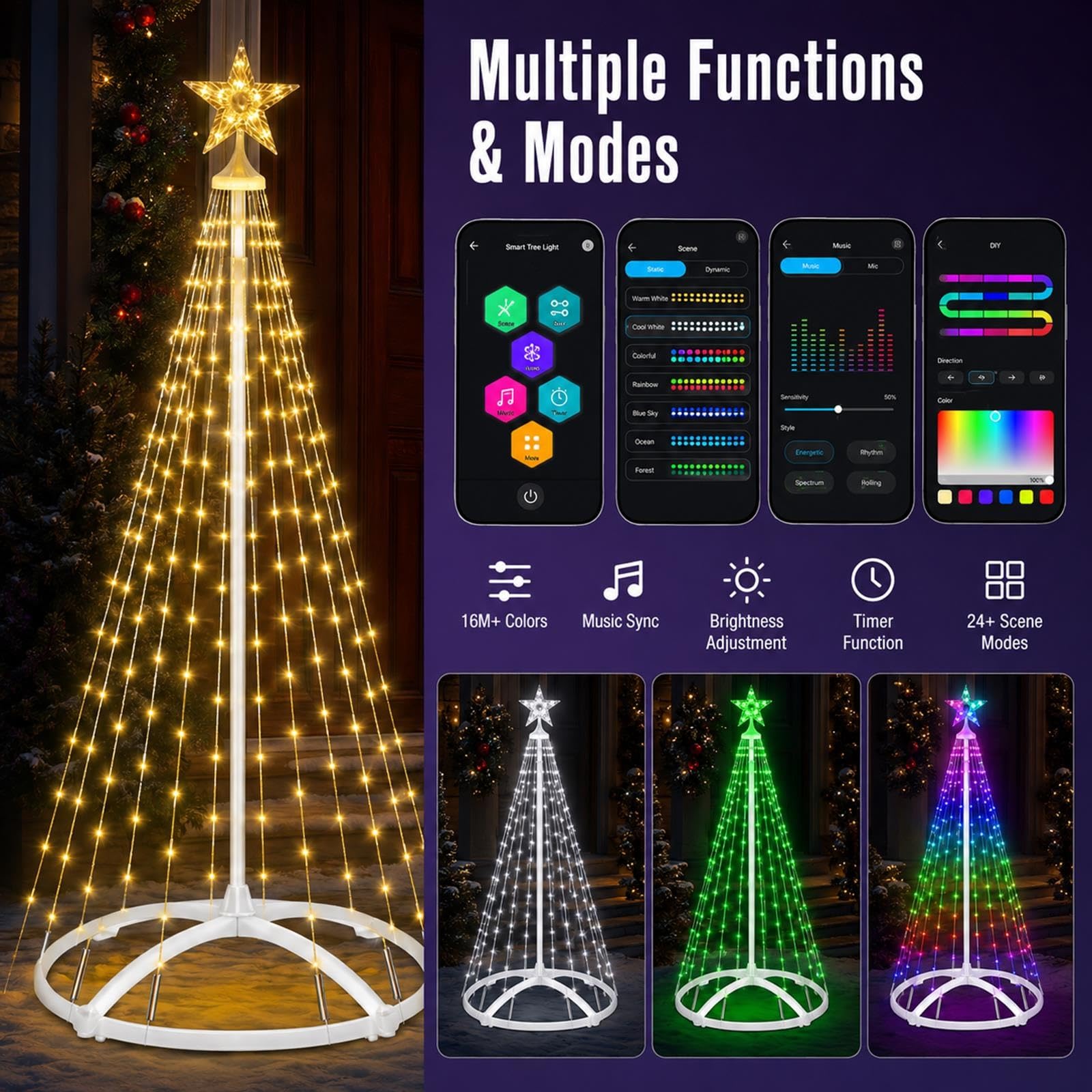 Albero di Natale a Cono LED Smart con Puntale a Stella RGB per Giardino
