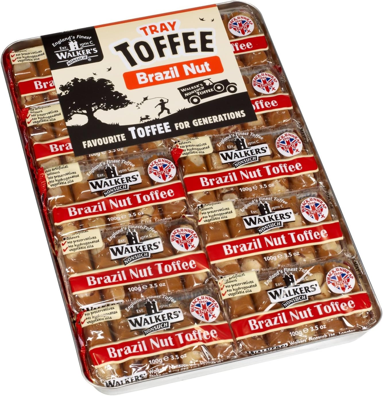 Walkers NONSUCH Brazil Nut Toffee Bars in Traditional Tin Tray 100 g (Pack of 10)