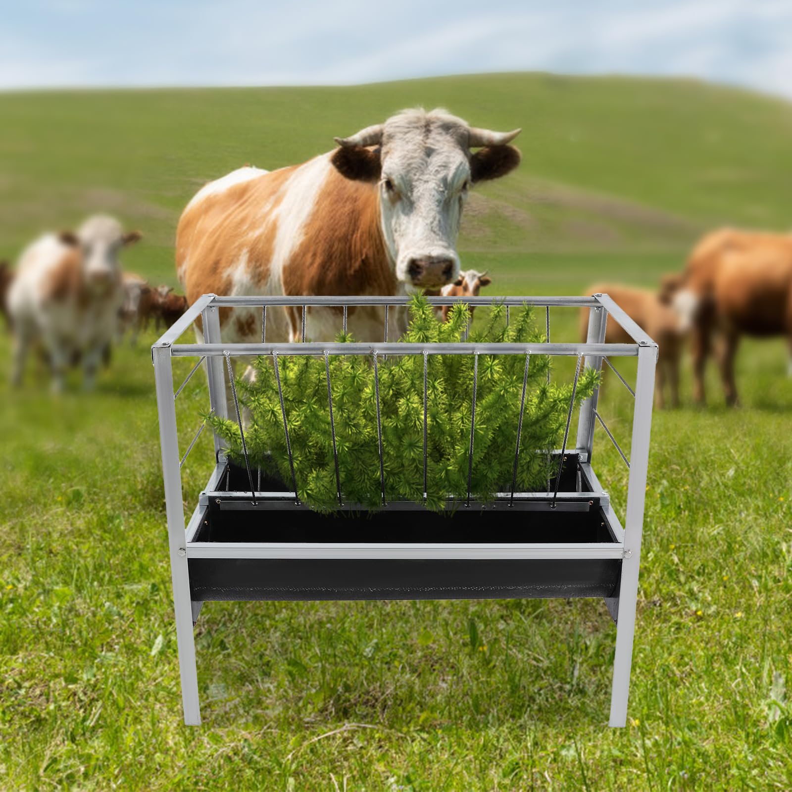 ARPITUYN Pasture Feeder, Large Capacity 2 in 1 Hay and Grain Feeder with Deeper Feeding Pan, Heavy-Duty Galvanized Livestock Feeders, Pasture Grain & Hay Feeding Pan for Goat, Sheep, Foal, Sheep