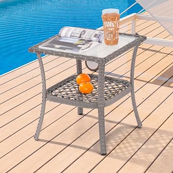 18 Outdoor Side Table with Tempered Glass Top, Rattan Side Table with Storage, Square Wicker End Coffee Table for Patio Outside Balcony Porch Deck, Grey