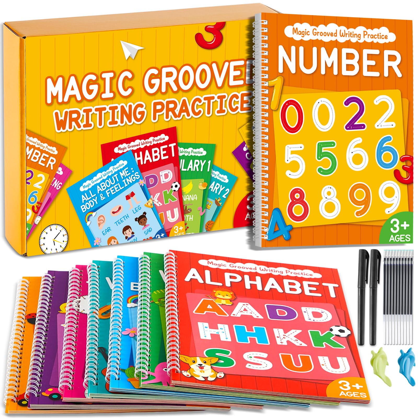 party greeting 8Pcs Magic Grooved Handwriting Practice Copybook Reusable Calligraphy Activity Books with Aid Pen Learn to Write Number Letter Tracing Workbook