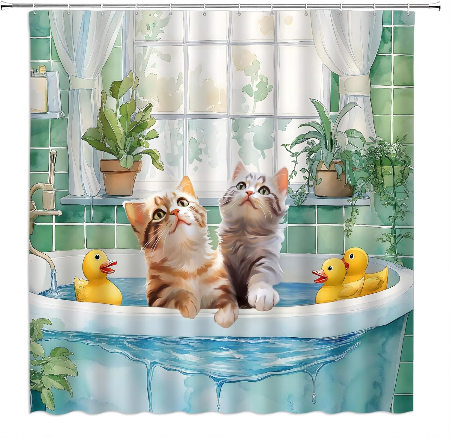 Cute Cat Shower Curtain Funny Kittens Teal Plants Bathtub